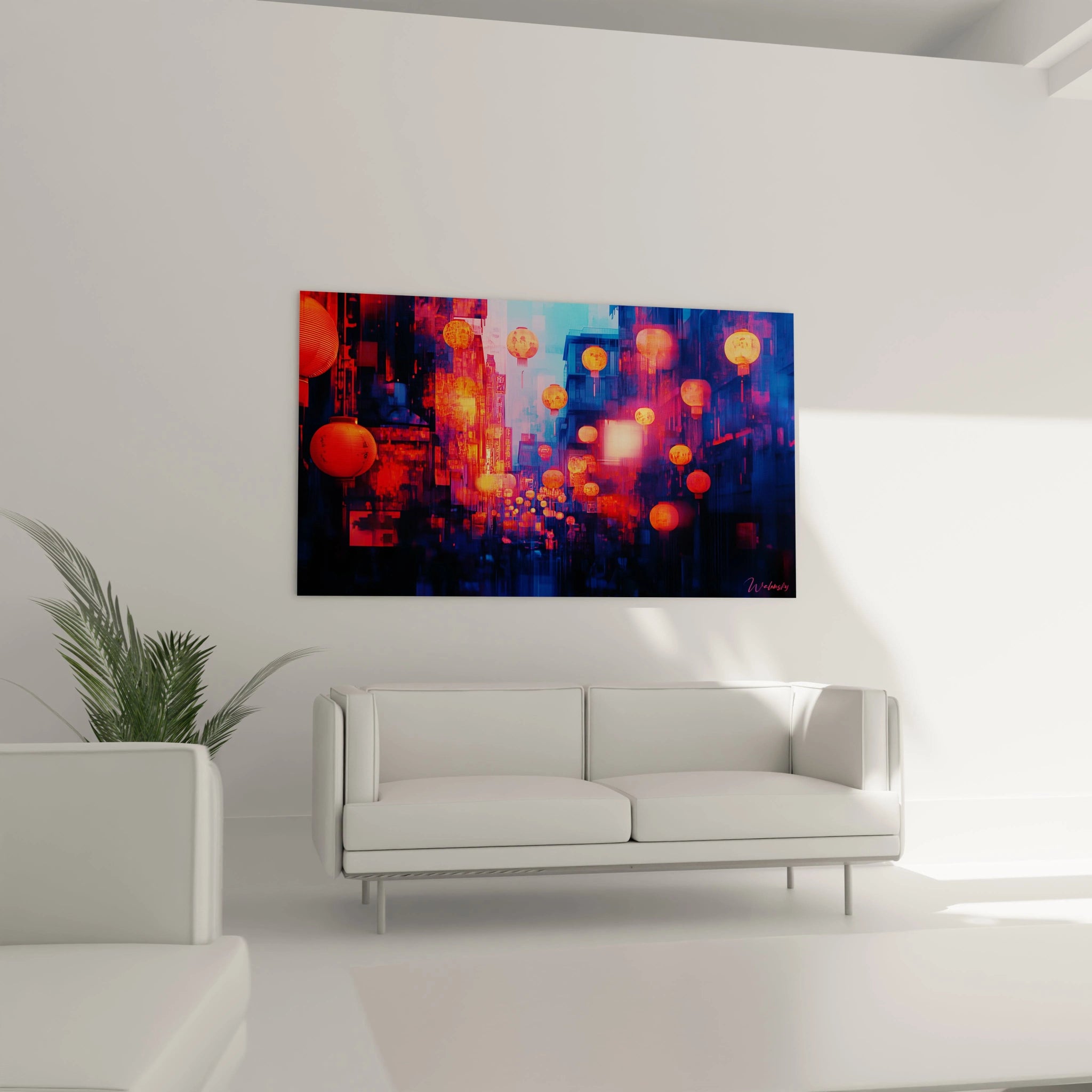 Tableau japon Walensky représentant des lanternes rouges illuminées dans une rue de nuit moderne