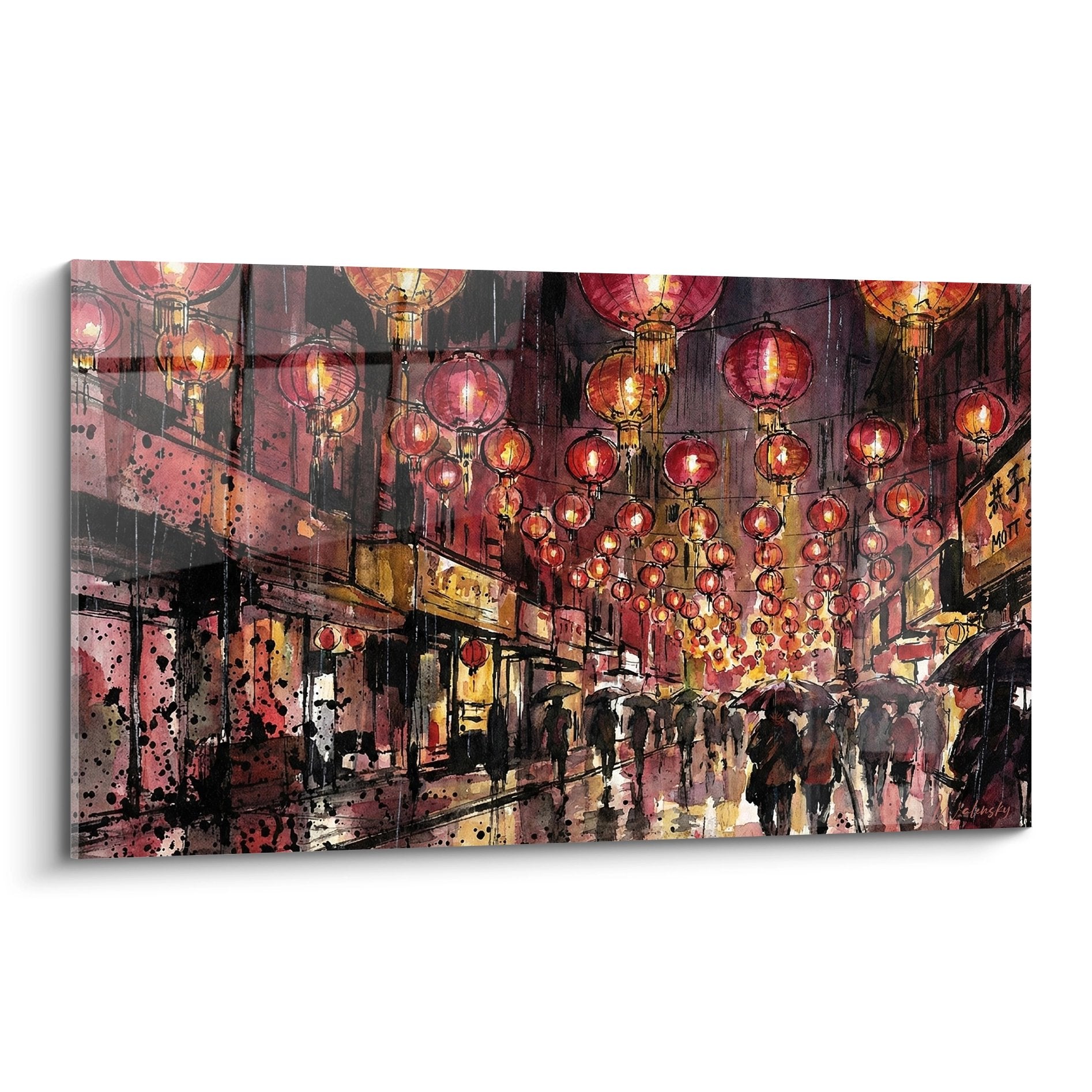 Tableau rue Chinatown lanternes rouges pluie parapluies Manhattan aquarelle urbaine contemporaine