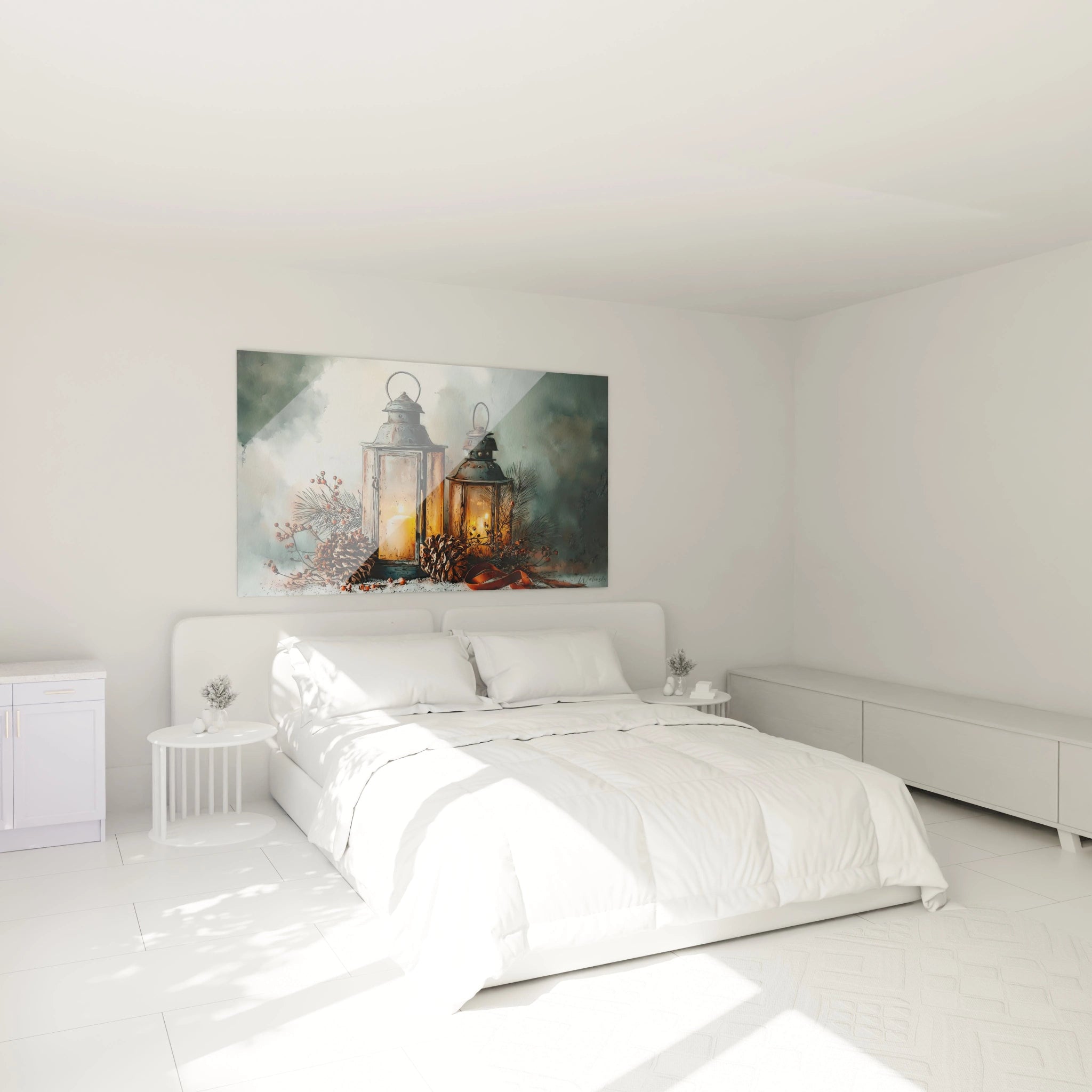 Tableau lanternes Noël de Walensky, décoratif pour une ambiance chaleureuse dans une chambre moderne