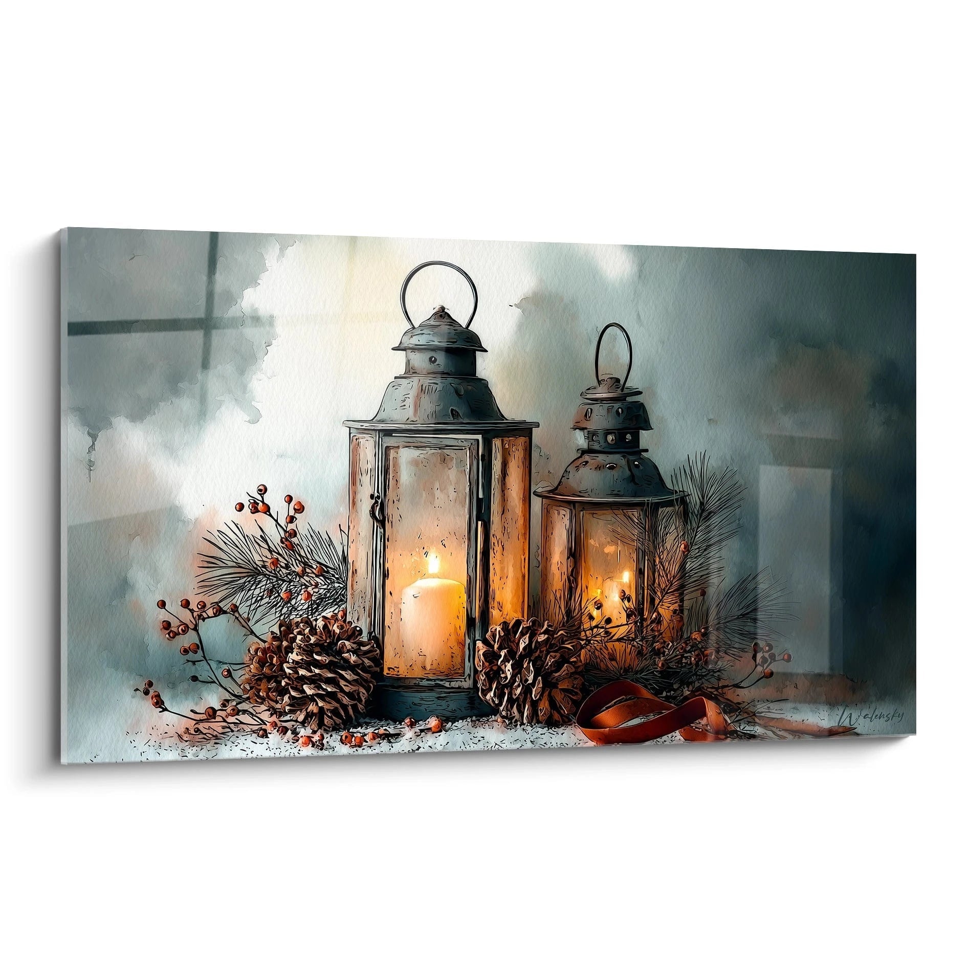 Tableau lanternes Noël avec bougies, pommes de pin et décorations hivernales pour une ambiance festive
