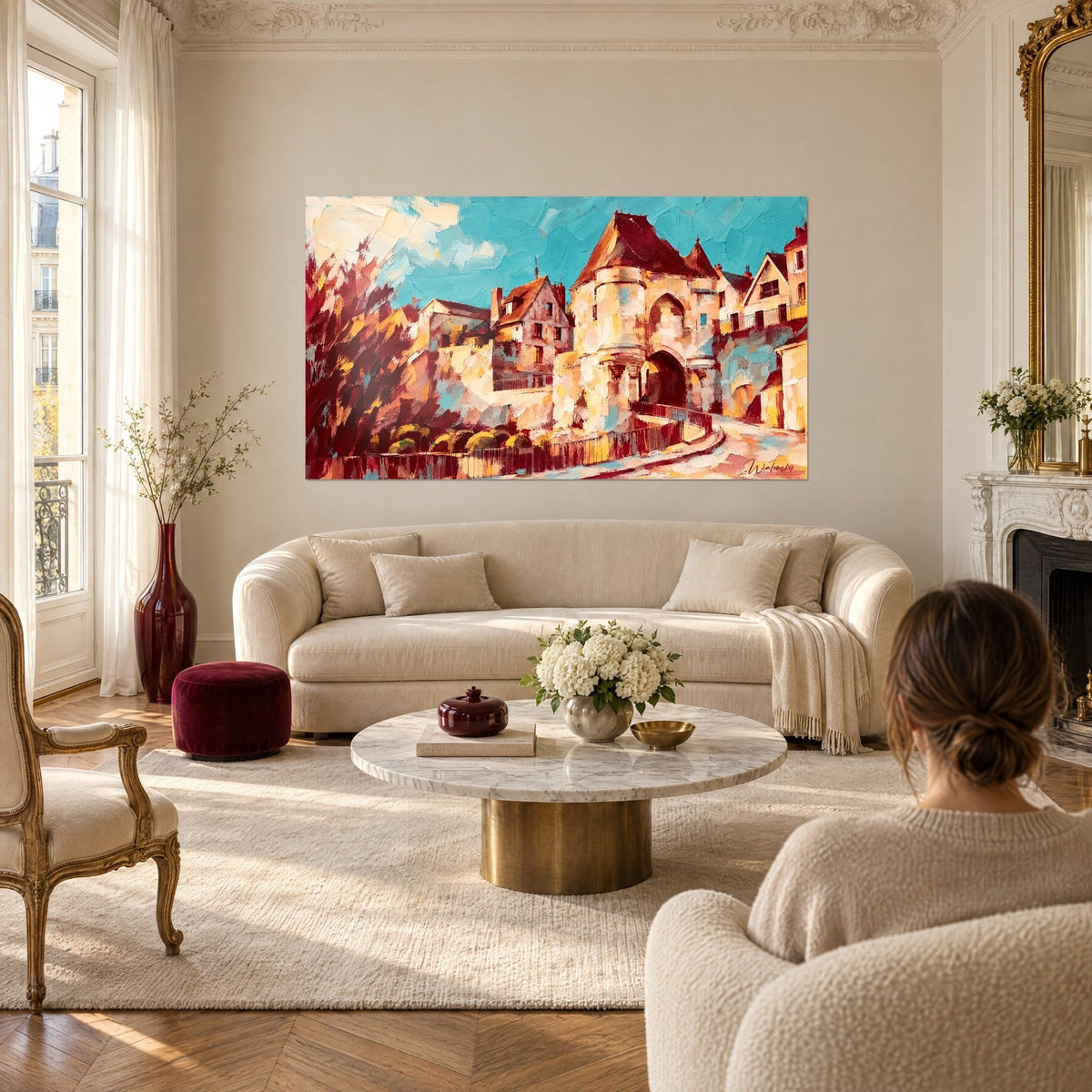 Quadro porta fortificata con torrioni ocra sotto un cielo turchese, fogliame bordeaux, sopra un divano in un soggiorno luminoso