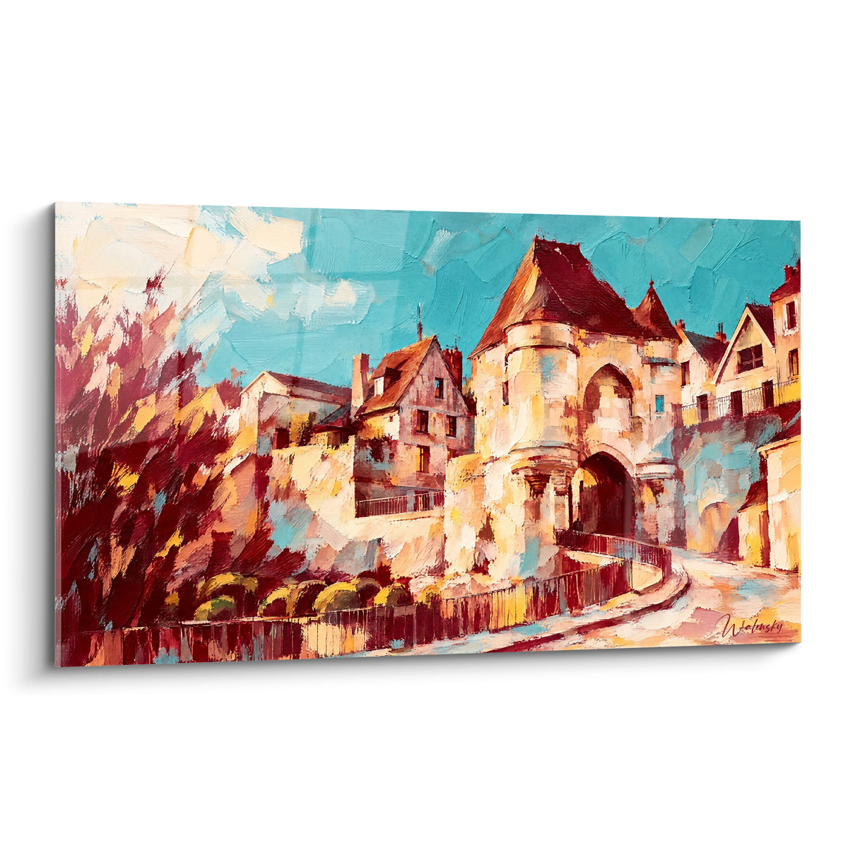 Quadro porta fortificata ocra e tetto bordeaux sotto un cielo turchese, stile espressivo a impasto spesso
