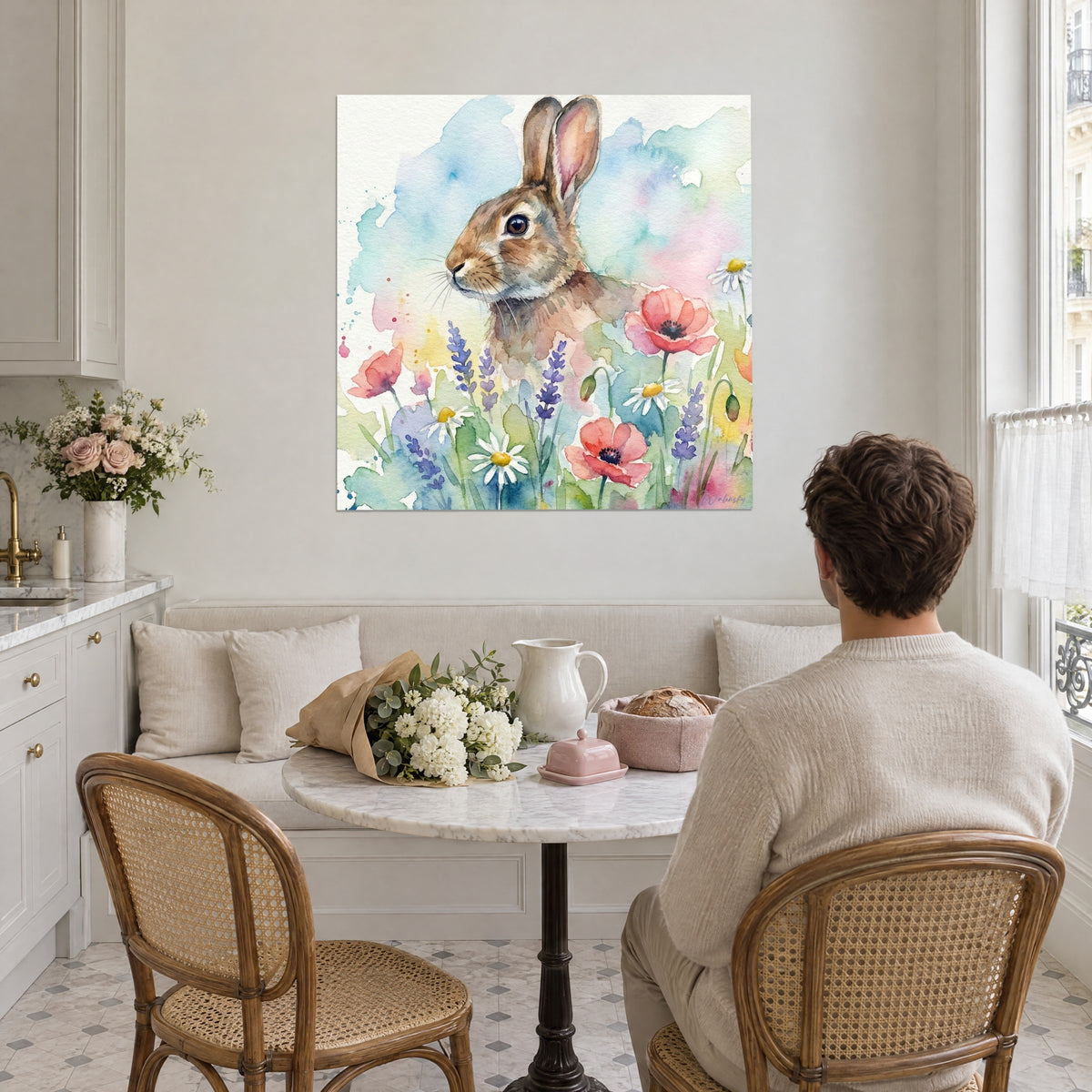 Quadro ritratto di coniglio selvatico dall'occhio marrone profondo, fiori corallo e margherite gialle e bianche, uomo di spalle in una cucina luminosa
