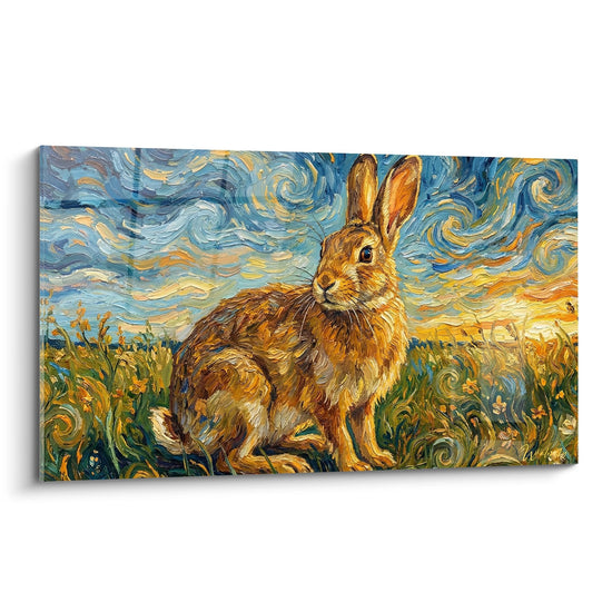 Quadro coniglio marrone seduto in un paesaggio con vortici blu e dorati - Contemplazione Campestre - Edizione Coniglio