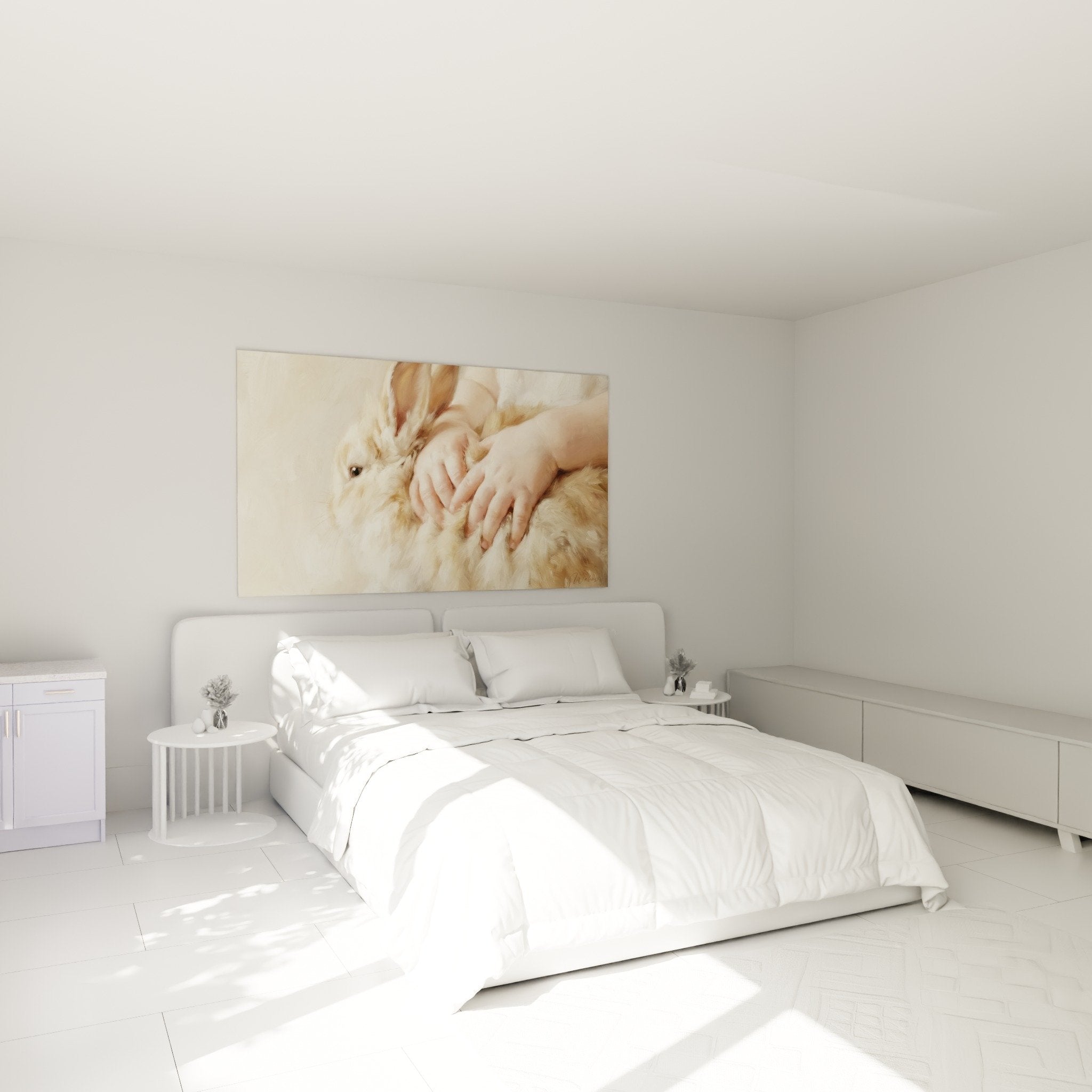 Kaninchen-Gemälde goldenes Fell Elternschlafzimmer Wanddekoration beruhigende natürliche Beige-Töne