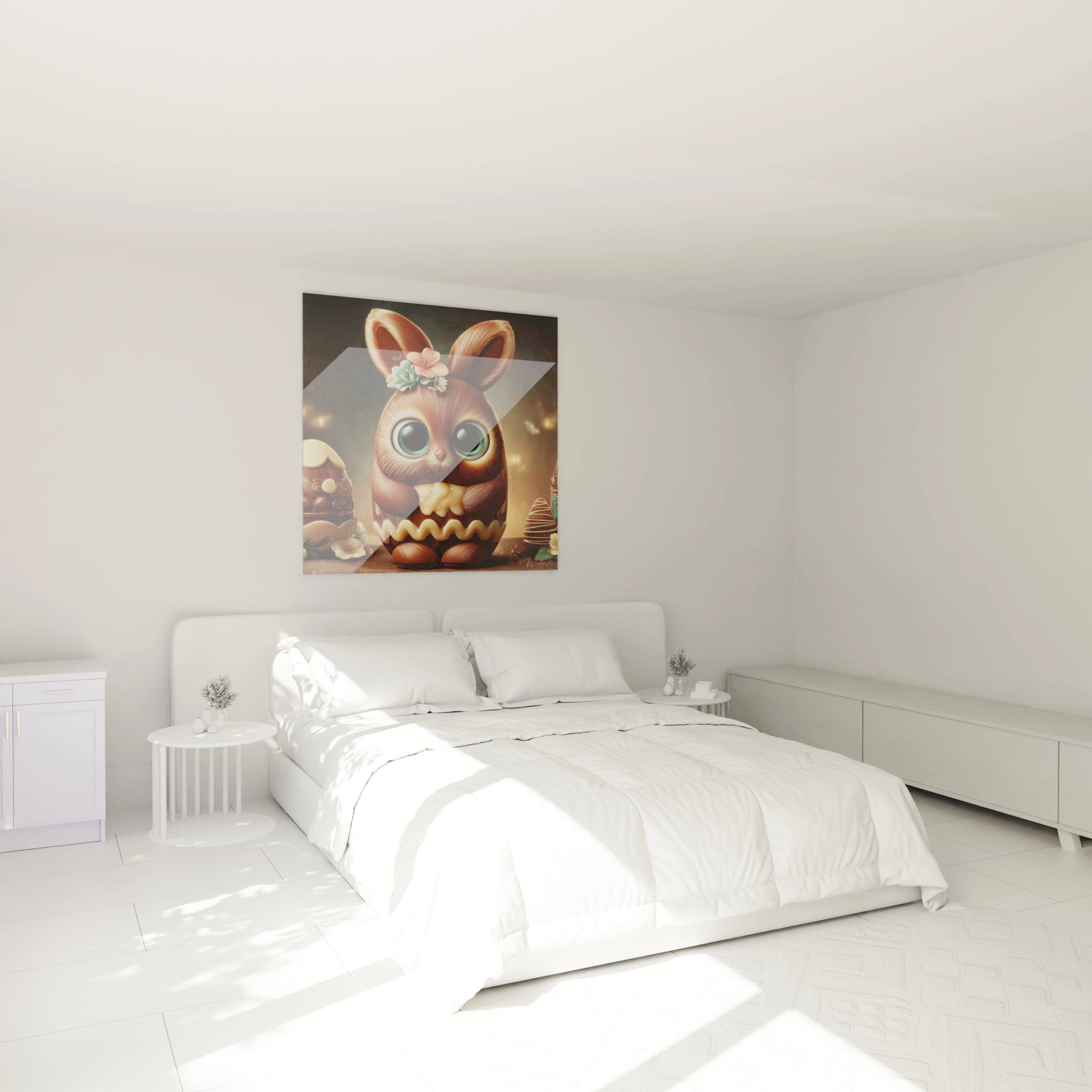 Tableau Walensky tableau lapin chocolat Pâques accroché au dessus d'un lit blanc dans une chambre minimaliste