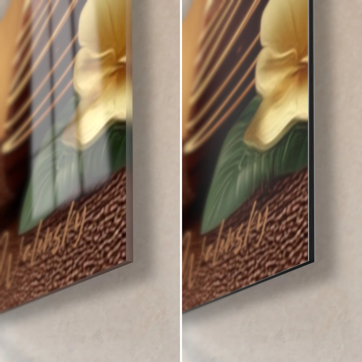 Quadro coniglietto al cioccolato, angolo in basso a destra: vetro acrilico lucido che riflette la luce, Dibond opaco, bordo da 3 mm, fiore crema