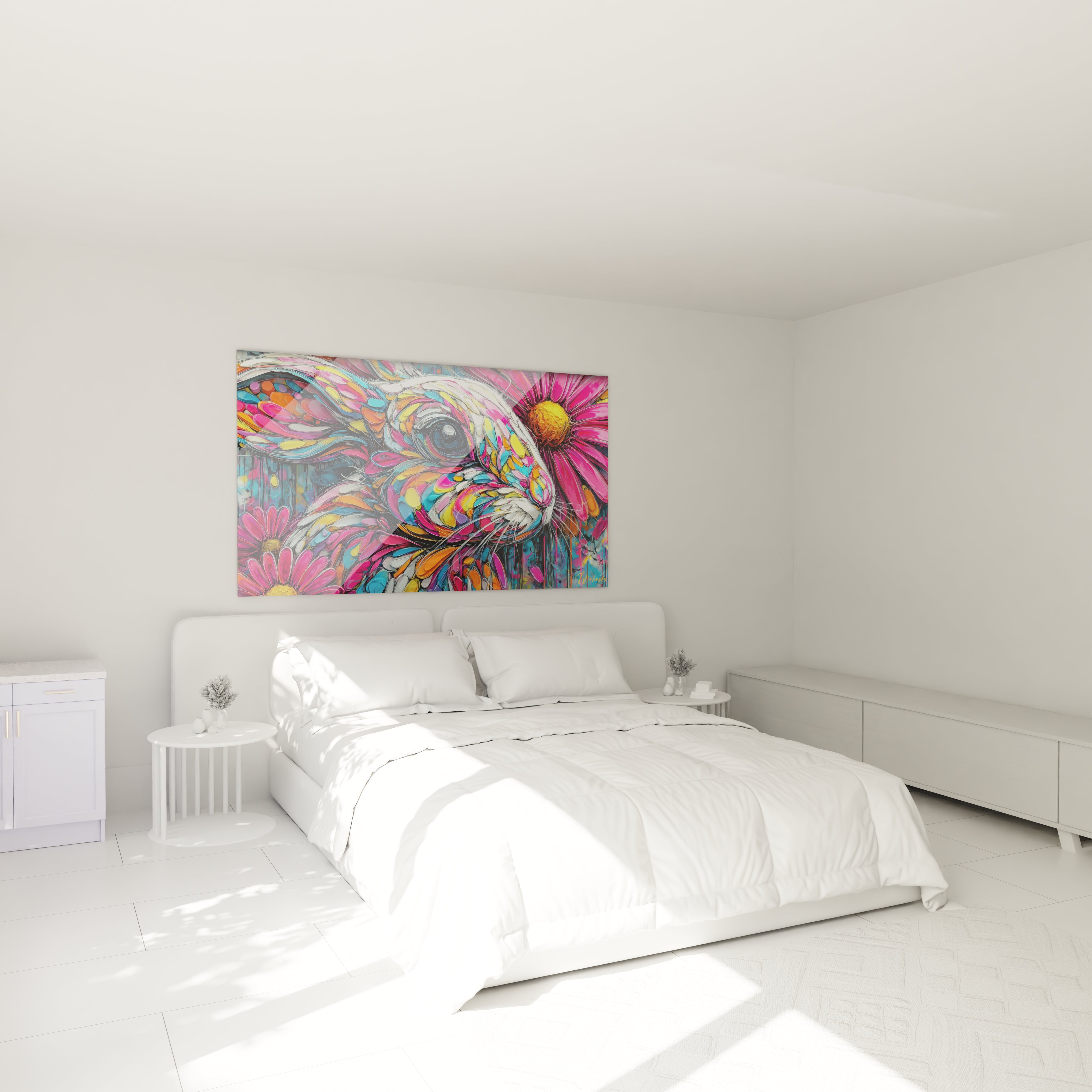 Tableau lapin coloré dans chambre moderne décoration murale art contemporain fleurs psychédéliques