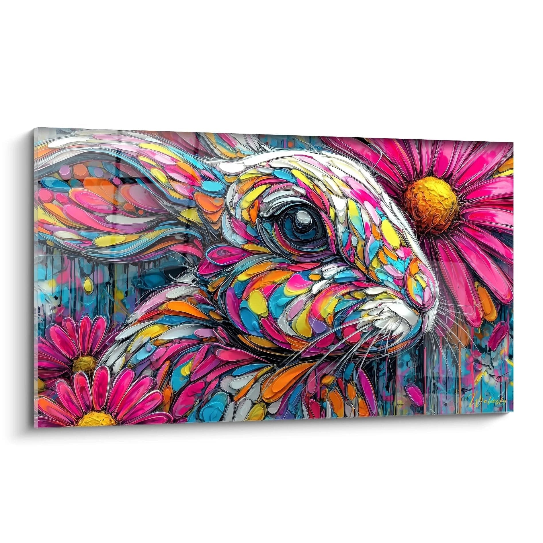 Tableau mural lapin coloré psychédélique avec fleurs roses et couleurs vives art moderne décoratif