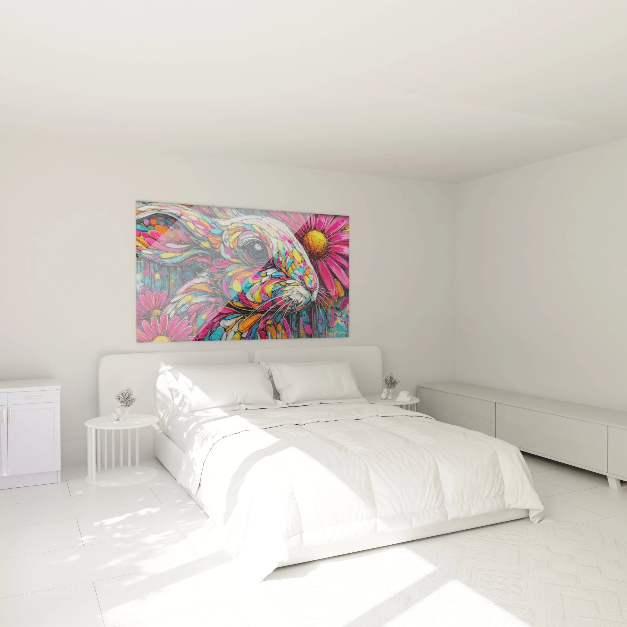 Tableau lapin coloré dans chambre moderne décoration murale art contemporain fleurs psychédéliques