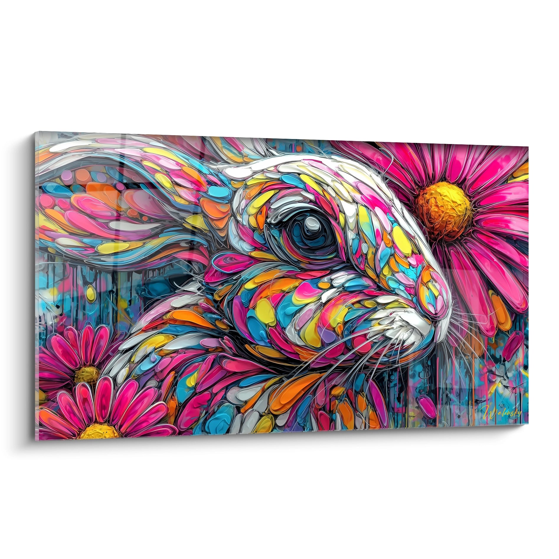 Tableau mural lapin coloré psychédélique avec fleurs roses et couleurs vives art moderne décoratif