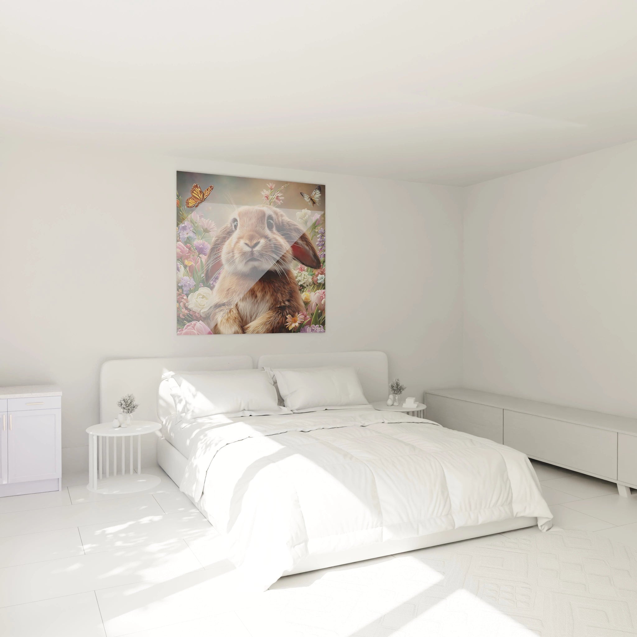 Tableau lapin décoration murale Walensky montrant un lapin réaliste entouré de fleurs et papillons dans une chambre blanche