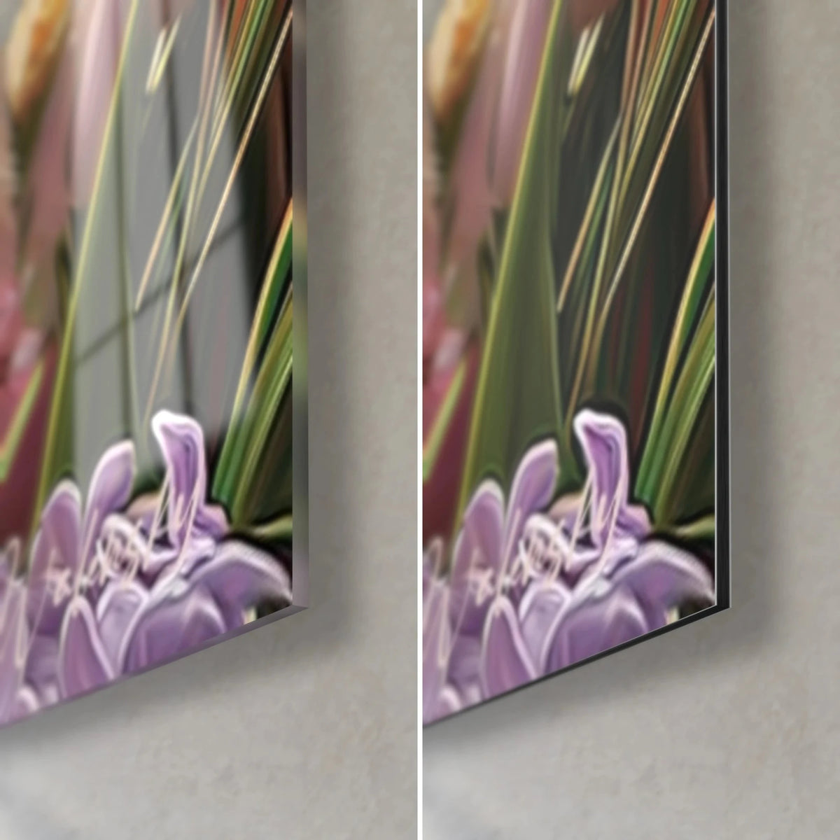 Gemälde kleines braunes Kaninchen mit langen Ohren, lilafarbene Blütenblätter und grüne Blätter in der unteren rechten Ecke, 3 mm Stärke, glänzendes Glas und mattes Dibond