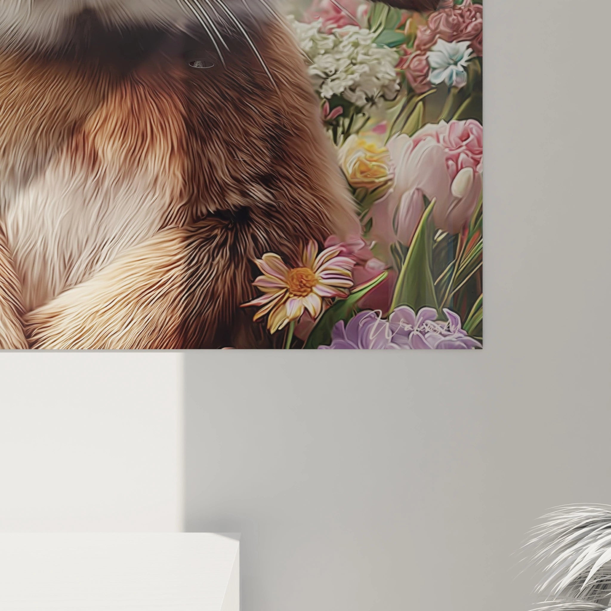 Tableau Walensky montrant un gros plan de lapin parmi des fleurs colorées tableau lapin décoration murale pour salon