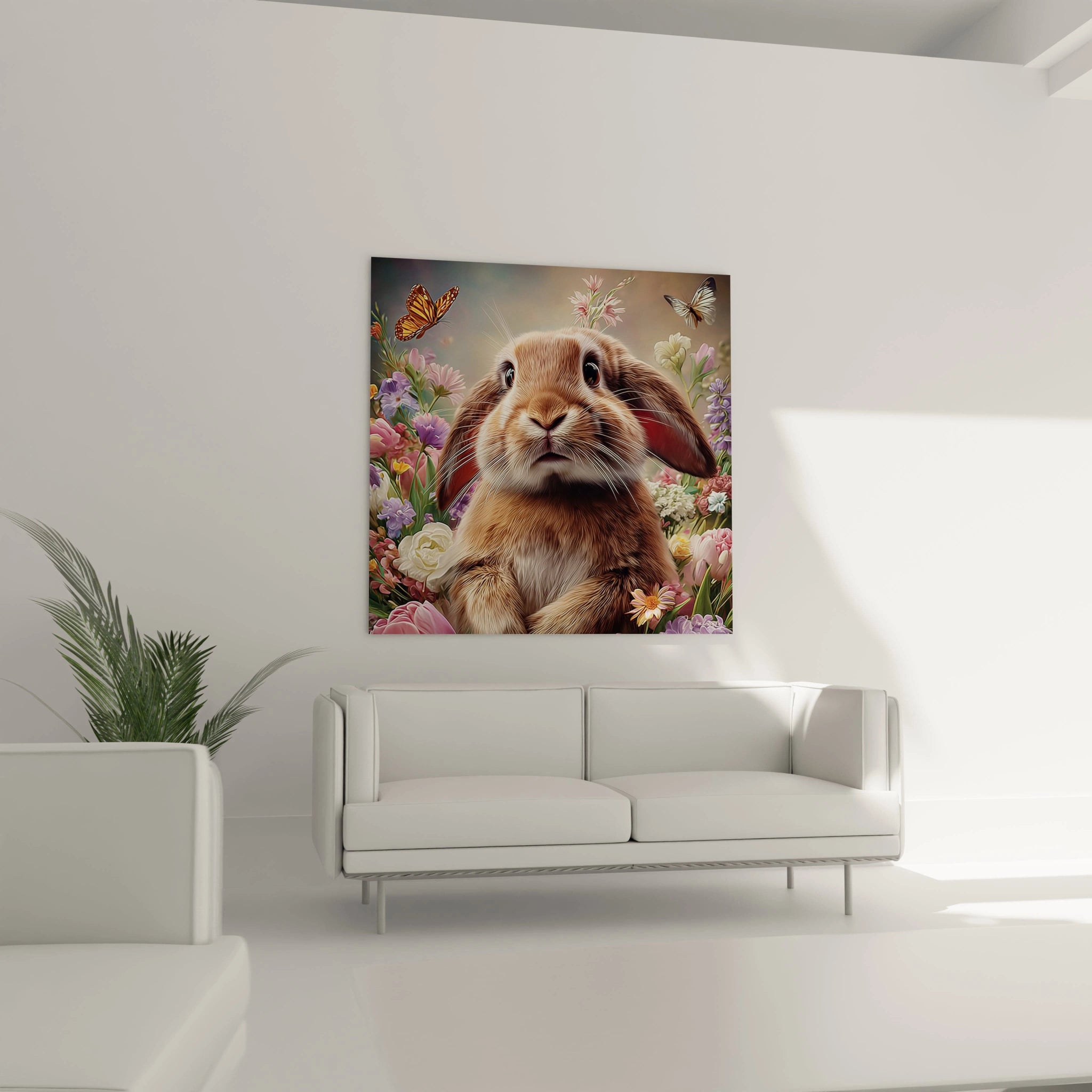 tableau lapin décoration murale Walensky peinture carrée illustrant un lapin au milieu de fleurs et papillons pour salon