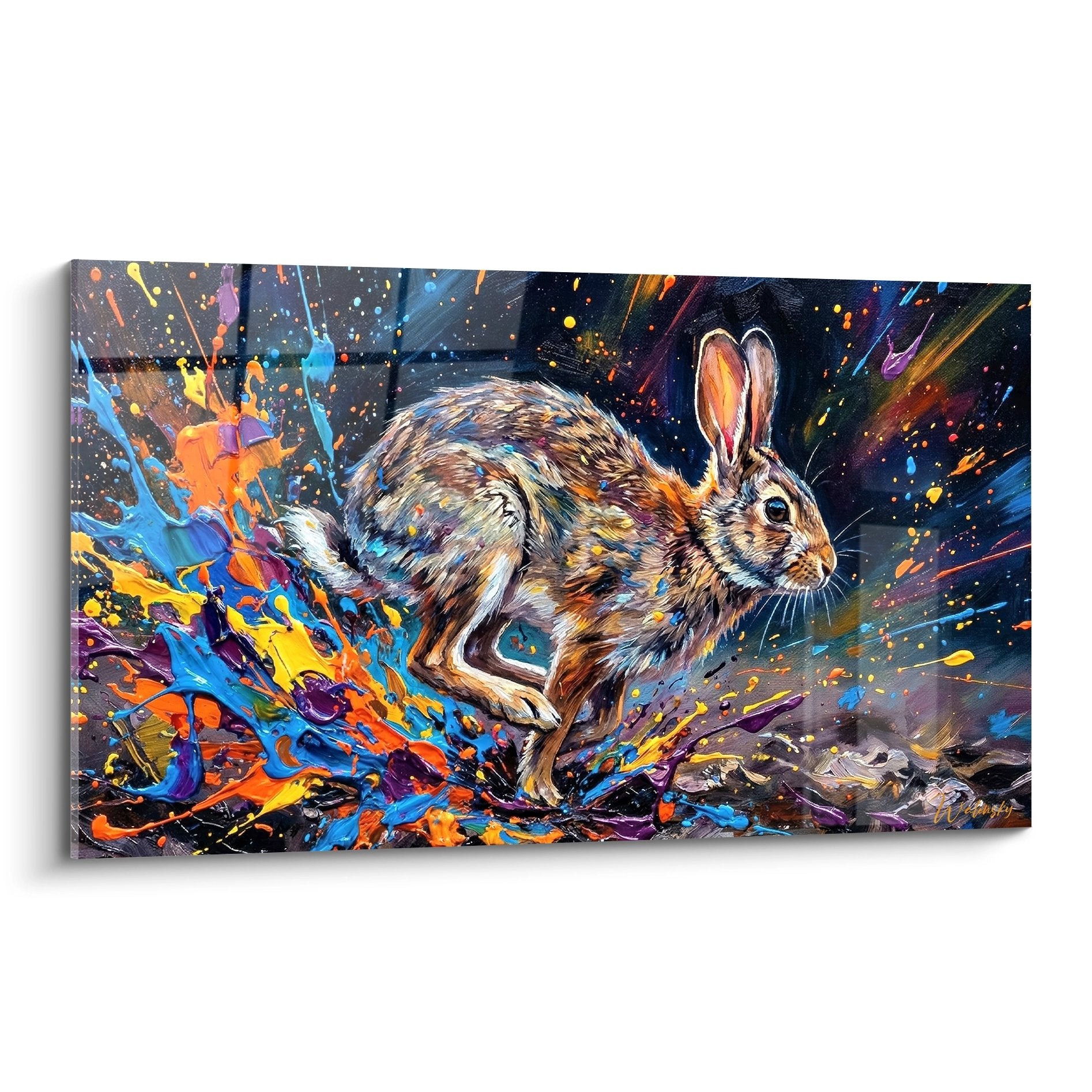 realistisches Kaninchen-Gemälde mit mehrfarbigen Farbspritzern Orange Blau Violett schwarzer Hintergrund moderne Kunst