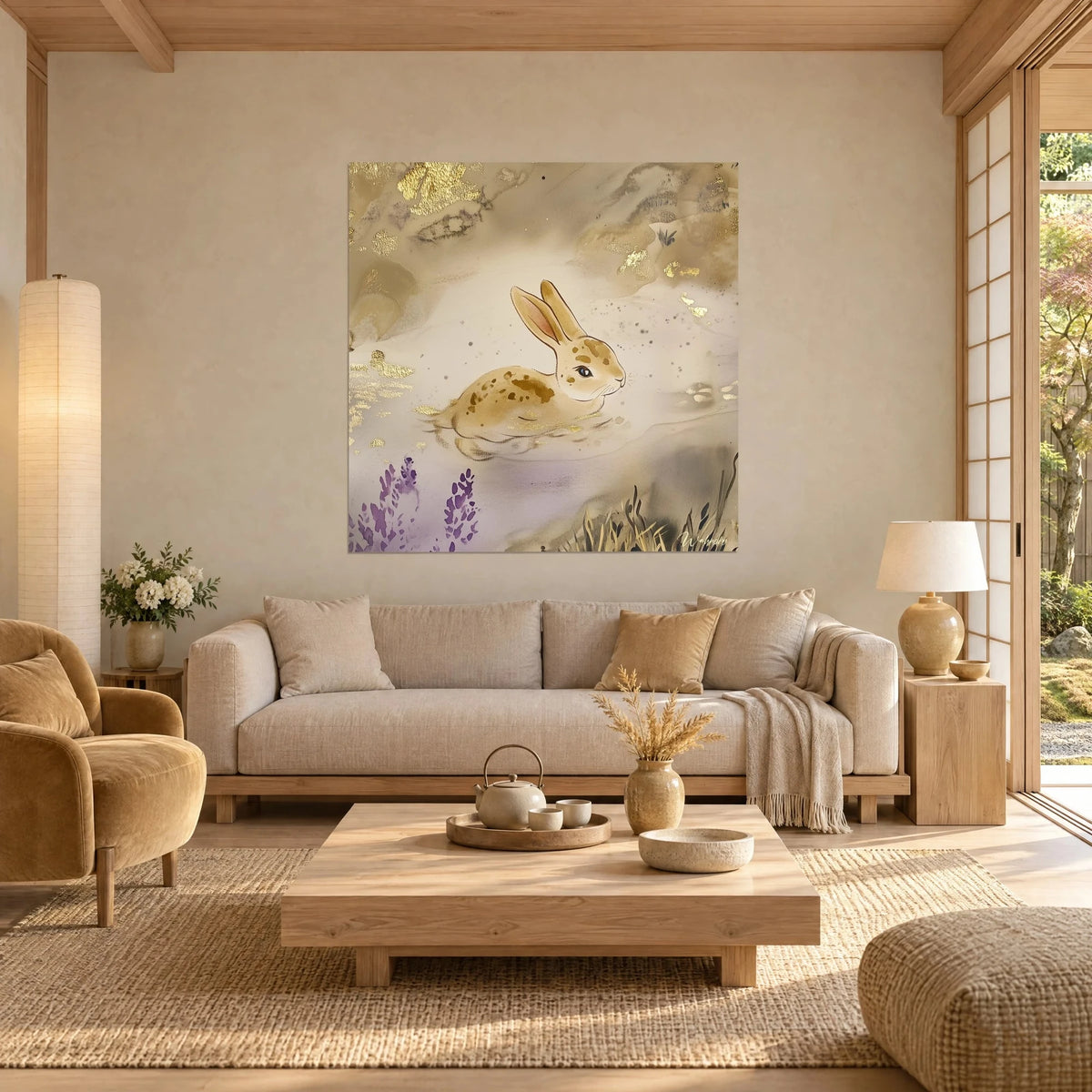Tableau lapin nageant dans une eau d'or pâle, taches de feuille d'or et lavande violette, au-dessus d'un canapé dans un salon lumineux