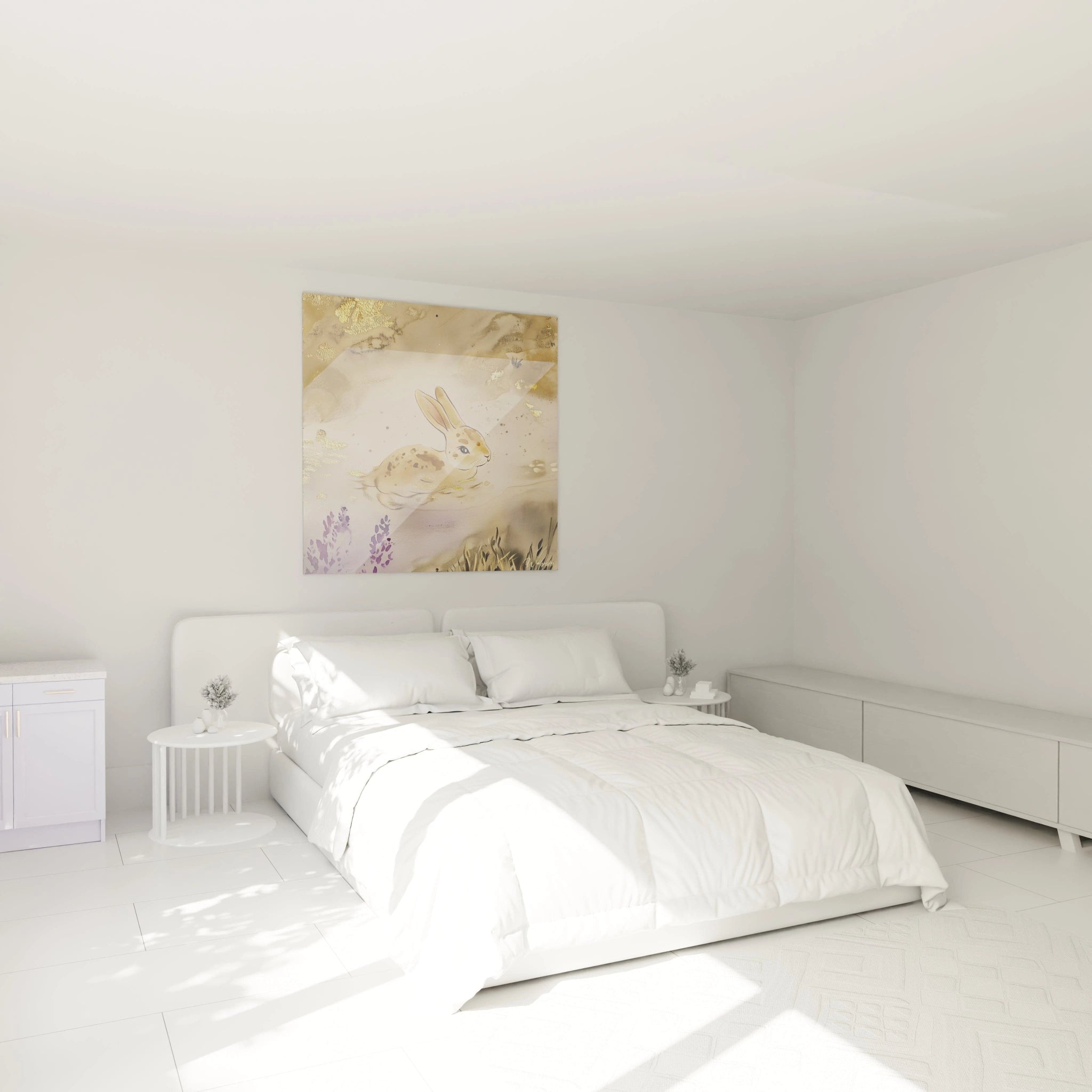 Tableau lapin Walensky avec design doux accroché dans une chambre moderne blanche
