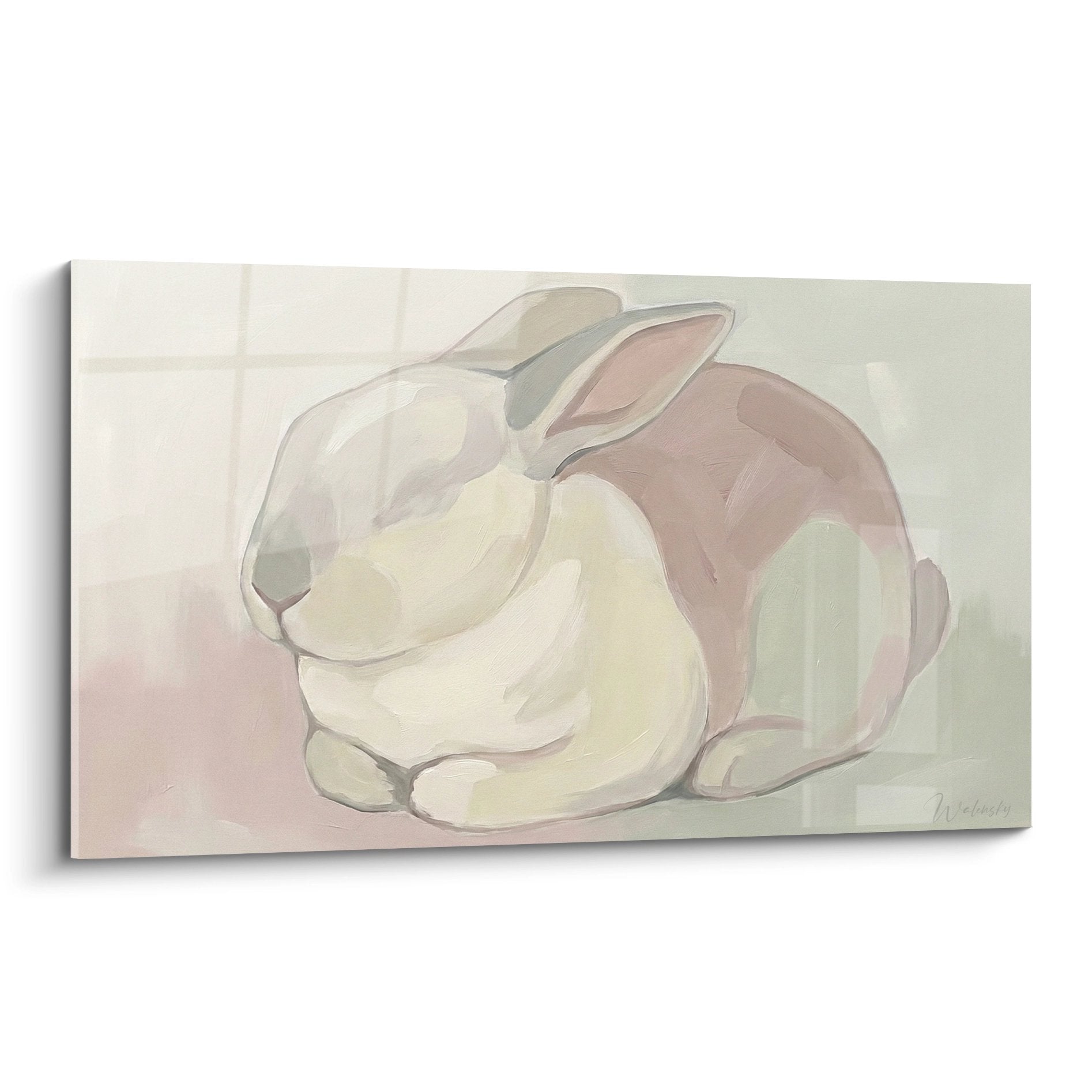 Kaninchen-Gemälde Schlaf Pastelltöne Beige Rosa Weiß sanfte Wanddekoration