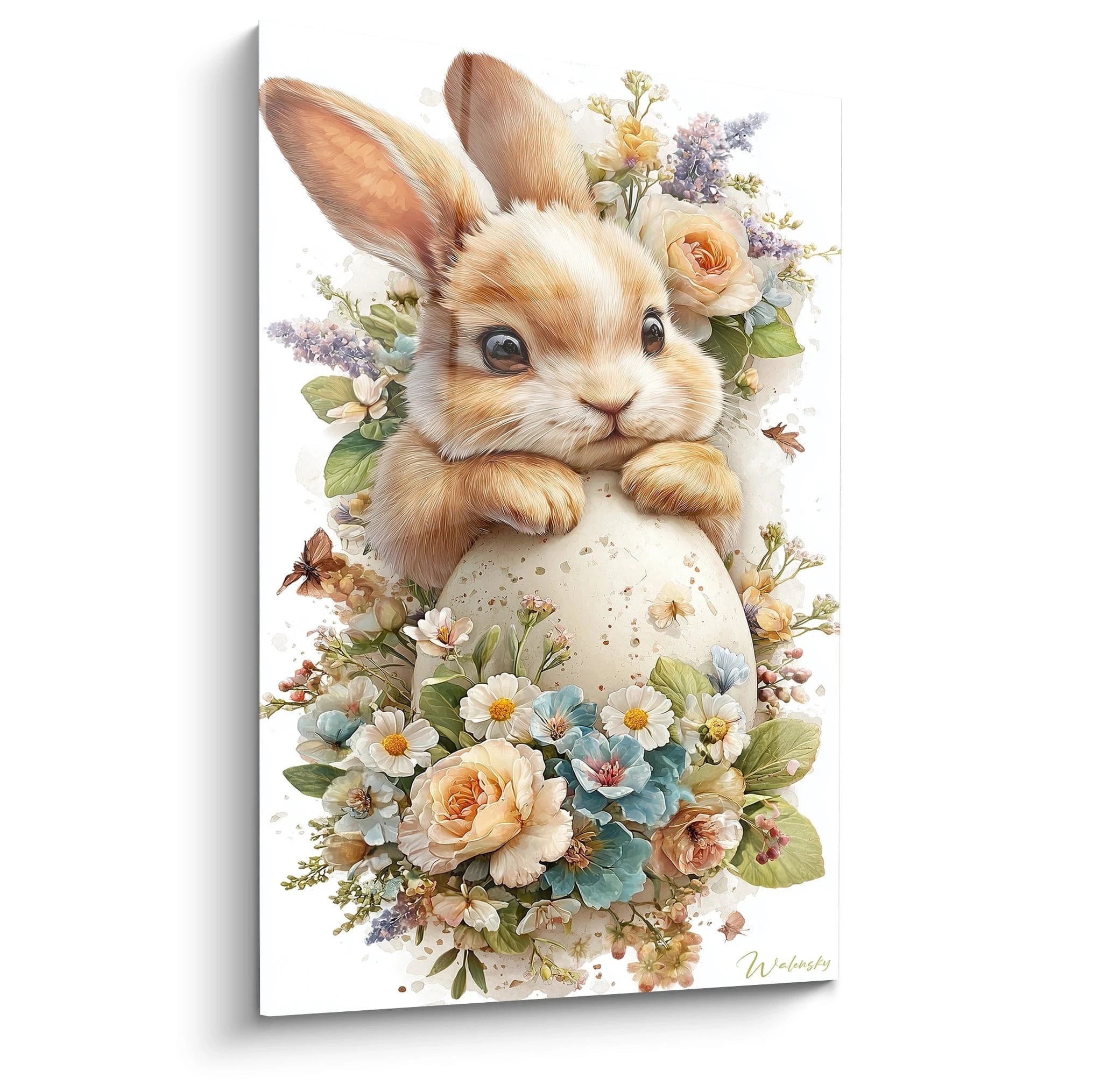 Walensky tableau lapin décoration Pâques mural imprimé avec lapin mignon tenant un gros oeuf fleuri