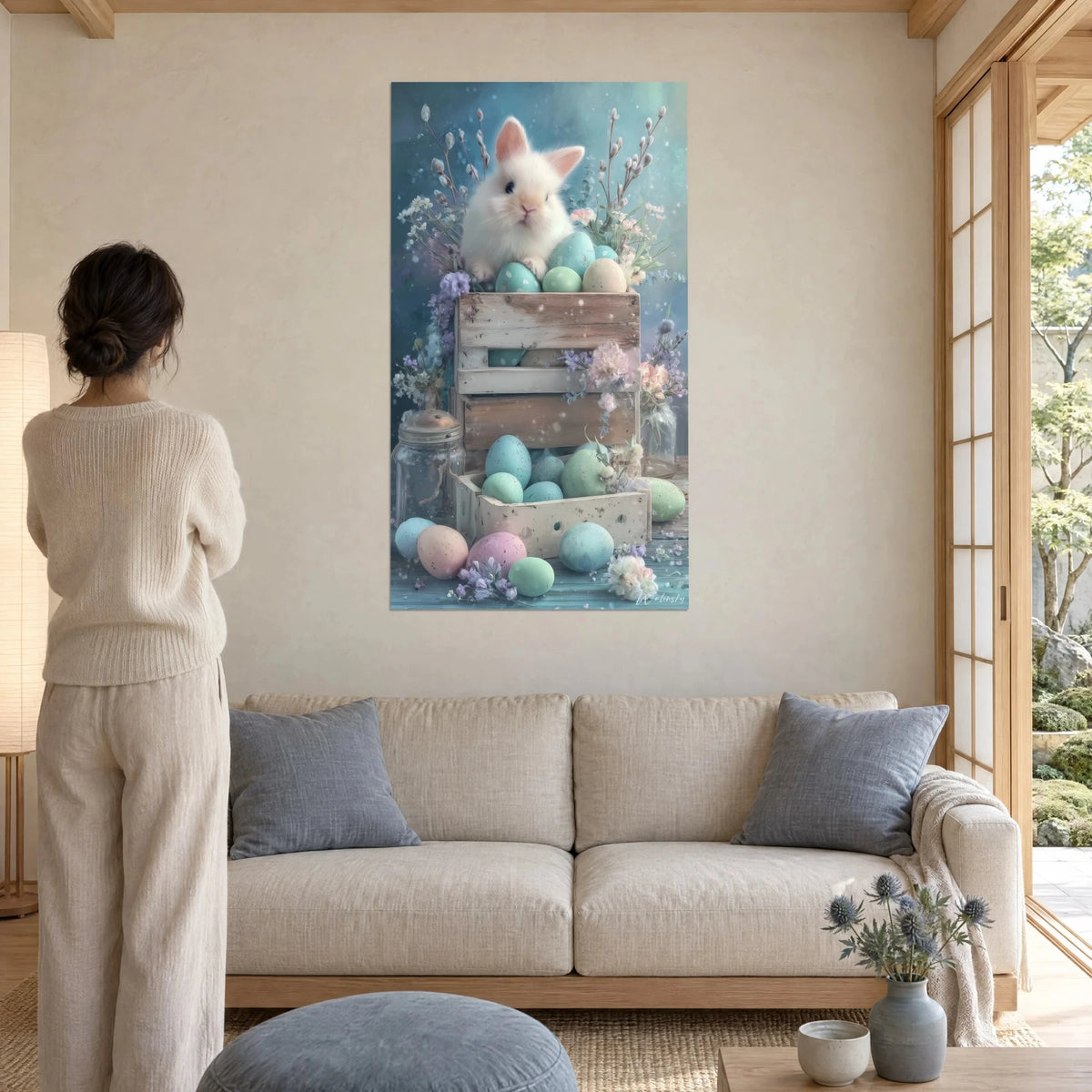 Wall art fluffy white rabbit perched on pastel blue and green eggs, woman seen from behind, above a sofa in a bright living room