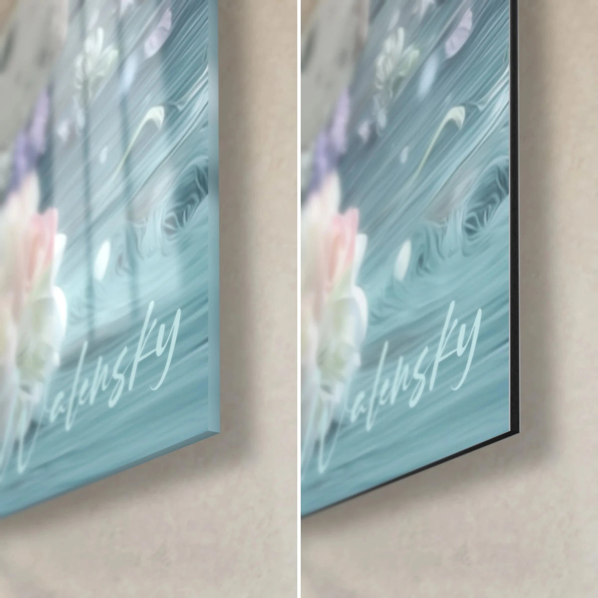 Wall art white rabbit with pastel eggs, bottom right corner: glossy acrylic glass reflecting light, matte black Dibond aluminium, 3 mm edge