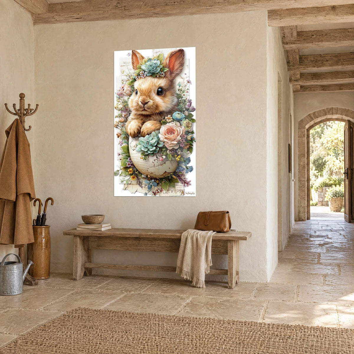 Wall art of a small ginger rabbit with upright ears nestled among cream peonies and blue flowers, at the end of a stone corridor