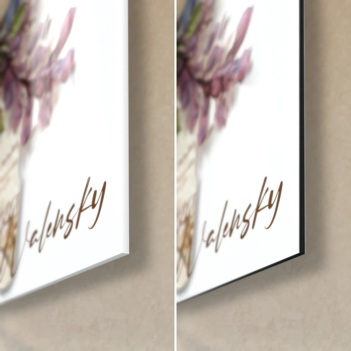 Wall art of a fluffy rabbit on a cracked shell, bottom right corner: glossy acrylic glass on the left, matte black Dibond on the right, 3 mm edge