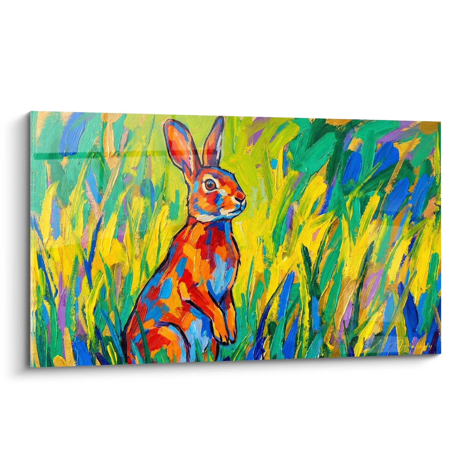 Expressionistisches Kaninchen-Gemälde mehrfarbig orange blau in grünem gelbem Gras künstlerische Malerei