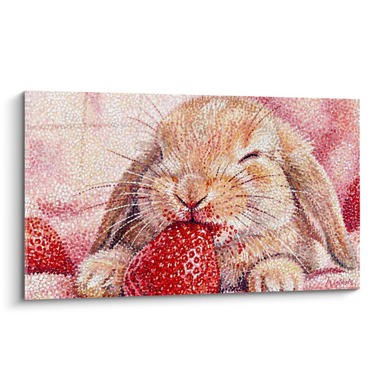 Quadro Coniglio Rossiccio Toni Rosa Puntinisti che Morde una Fragola - Dolcezza Fruttata - Edizione Coniglio