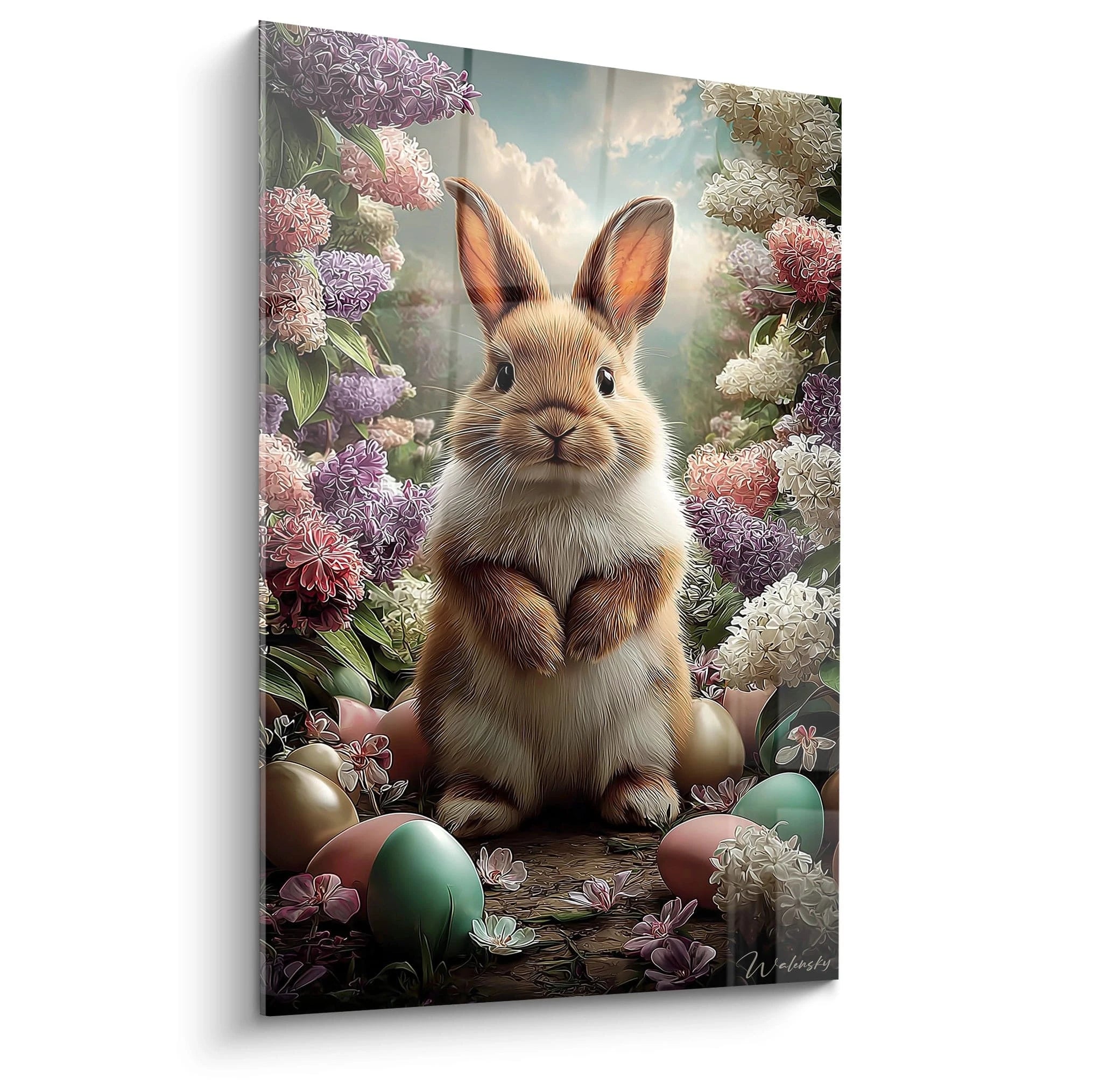 tableau lapin de Pâques Walensky sur toile avec lapin realiste fleurs printanieres et oeufs pastel