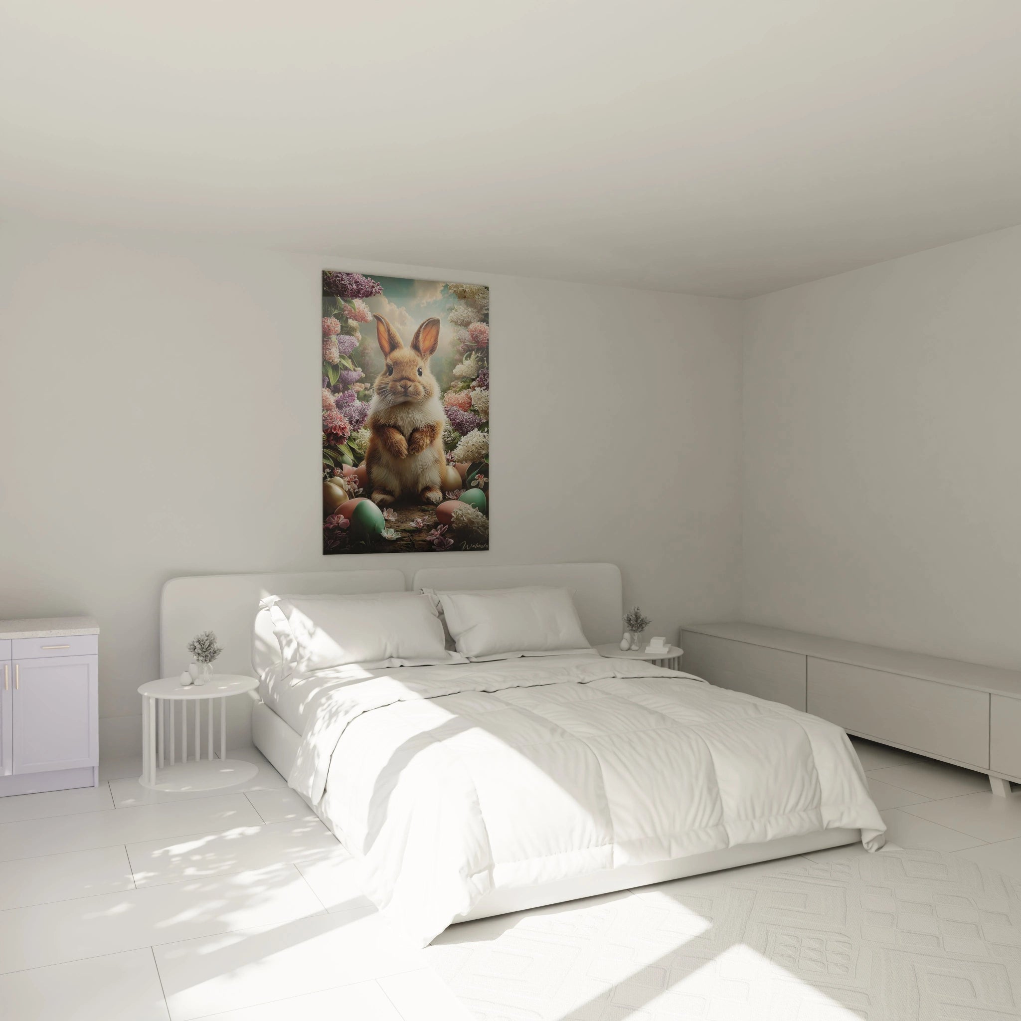 Tableau mural Walensky avec tableau lapin de Pâques au dessus d un lit blanc minimaliste et oeufs décoratifs