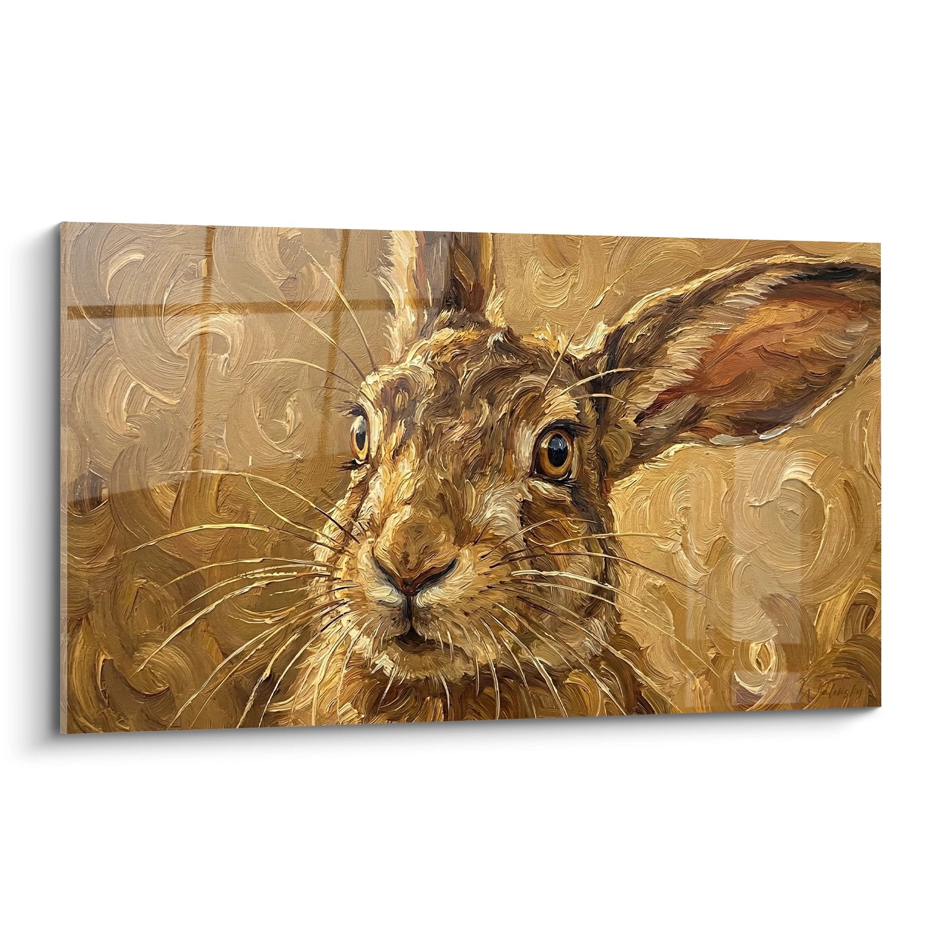 Kaninchenbild in Goldtönen expressionistischer Ölmalstil intensiver Blick Tierkunst