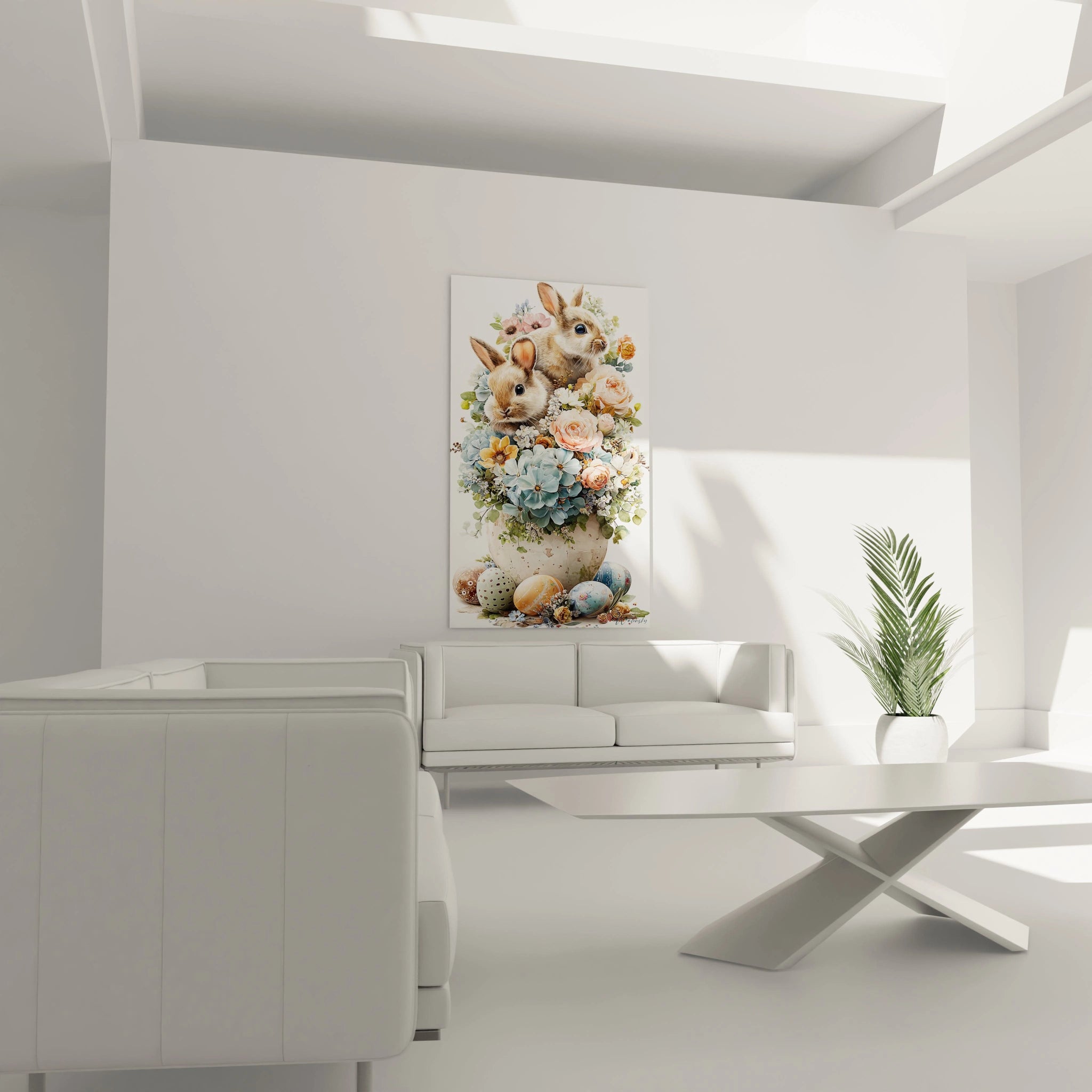 Walensky tableau lapins bouquet pâques sur toile, deux lapins dans un bouquet floral avec oeufs, salon lumineux