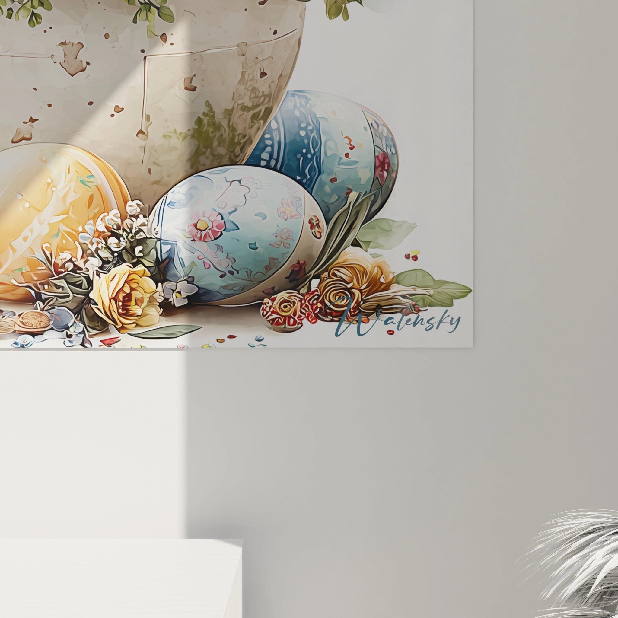 Tableau mural Walensky avec oeufs de Pâques décorés et bouquet de fleurs pastel tableau lapins bouquet pâques