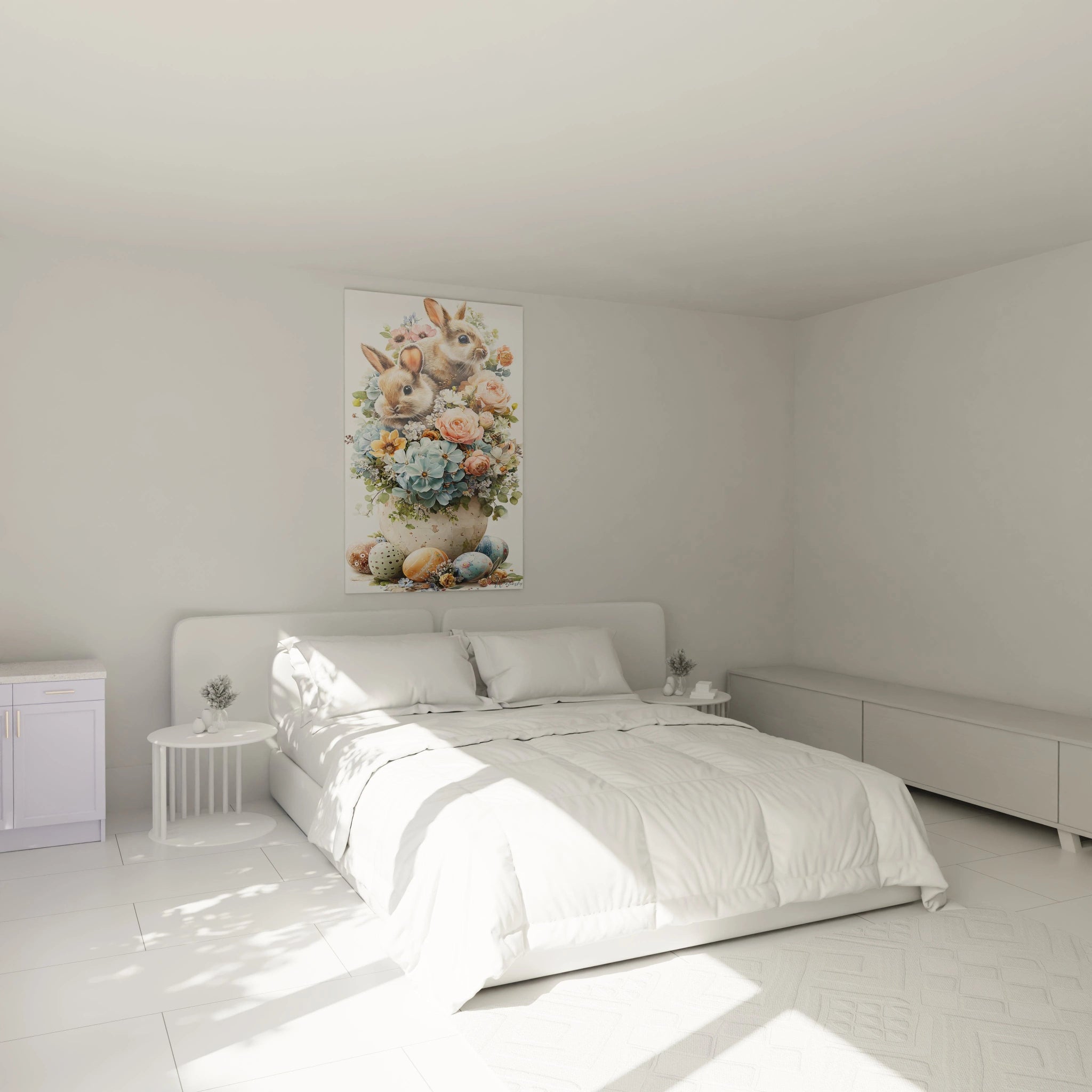 Walensky tableau lapins bouquet pâques suspendu au dessus d un lit blanc dans une chambre minimaliste fleurs pastel et oeufs