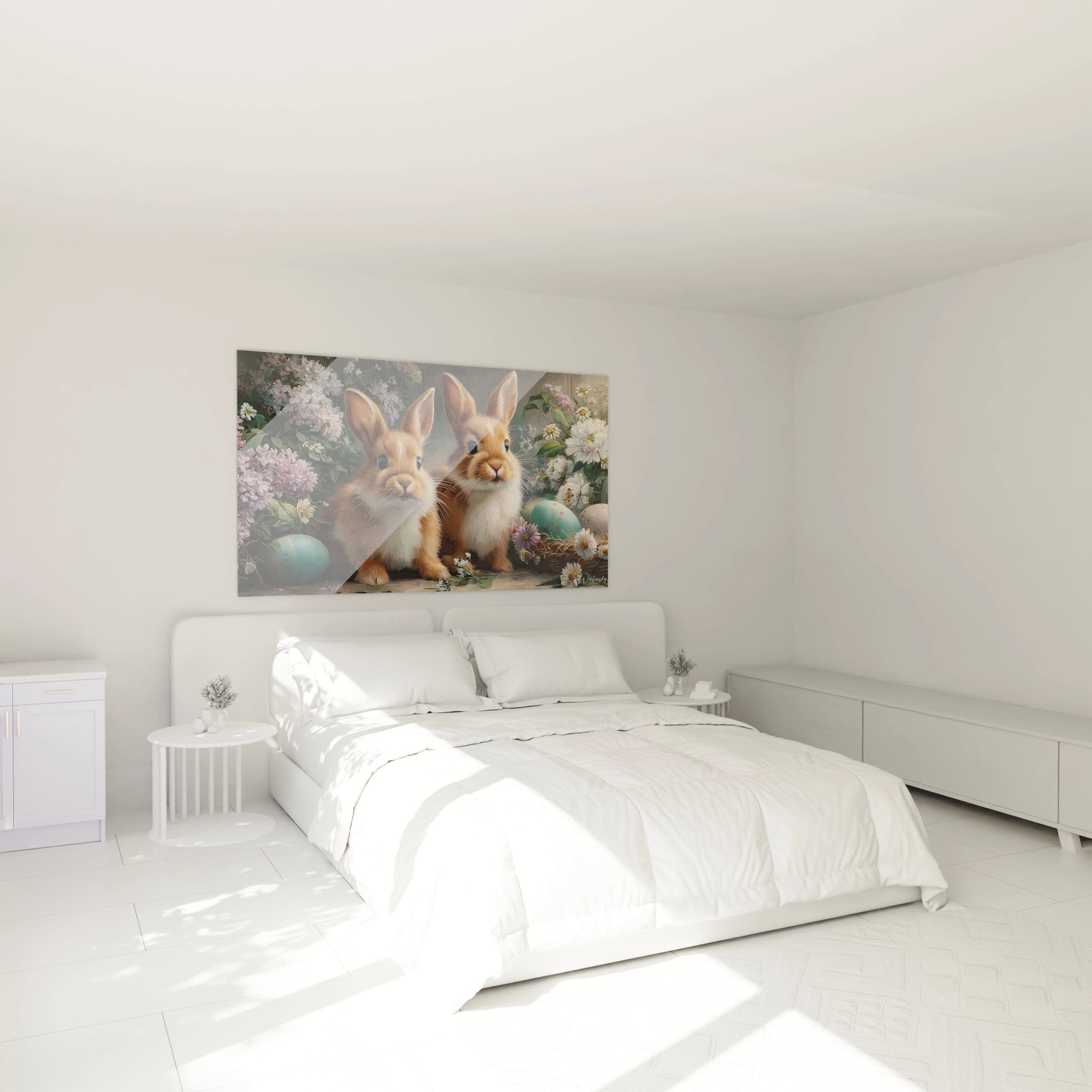 Walensky tableau lapins chasse aux œufs mural au dessus d un lit blanc deux lapins fleurs et oeufs de Paques