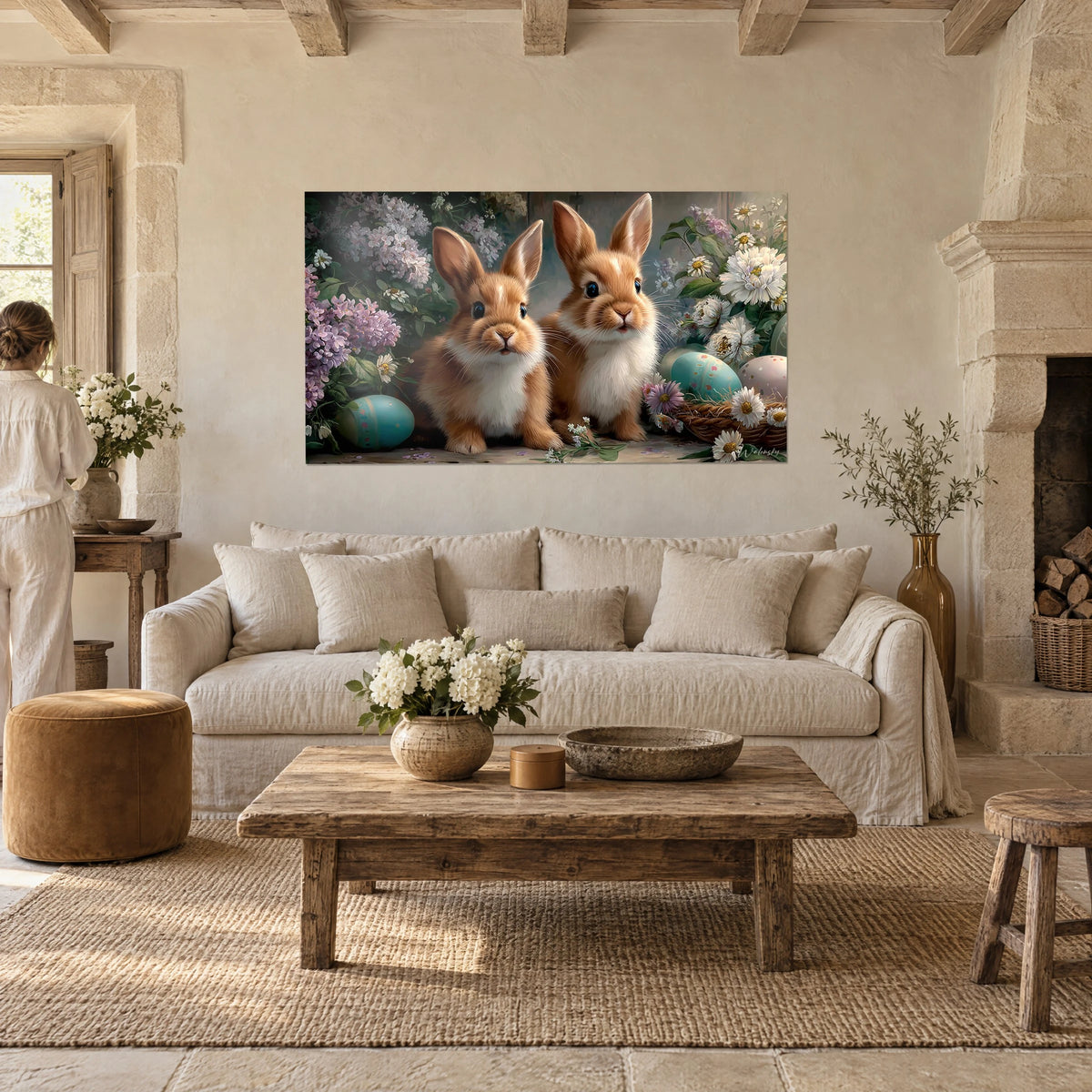Quadro due coniglietti fulvi dal petto color crema tra lillà malva e uova turchesi, sopra un divano in un soggiorno luminoso