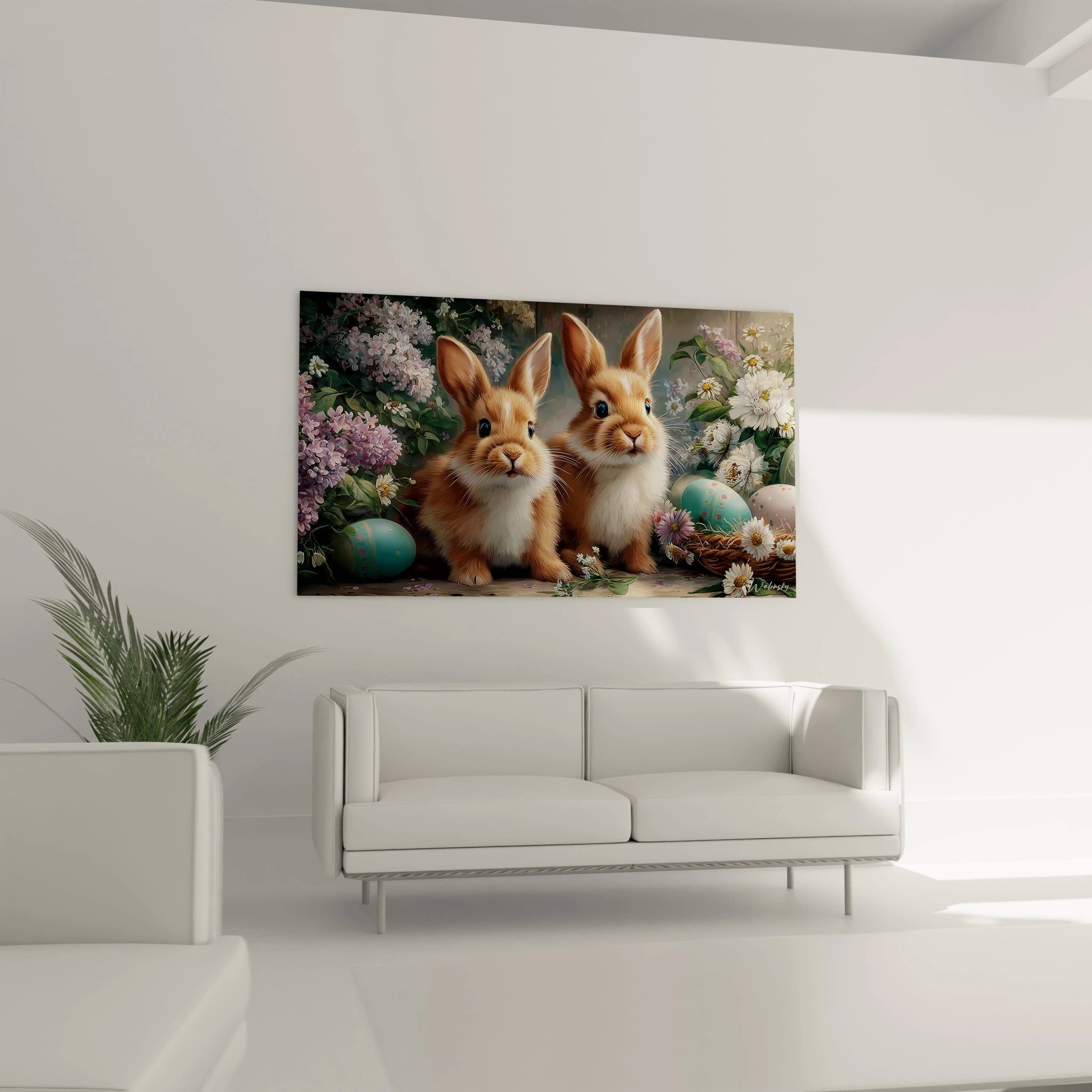 Walensky tableau mural tableau lapins chasse aux œufs printanier avec deux lapins réalistes fleurs et œufs colorés