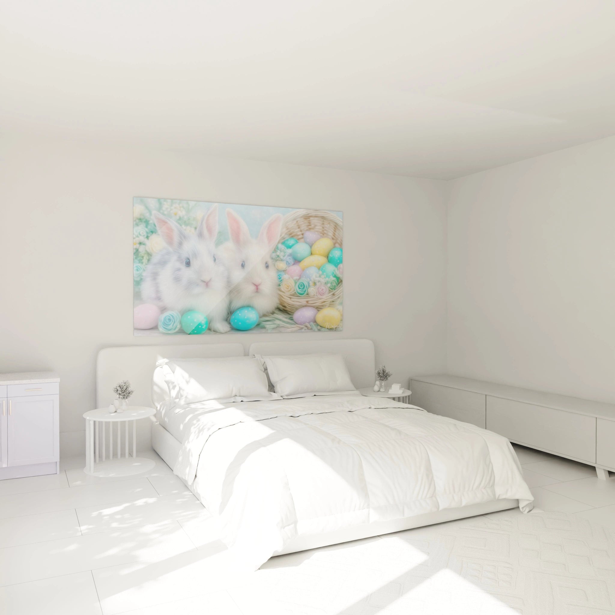 Tableau mural Walensky montrant deux lapins et œufs pastel sur fond printanier, tableau lapins décoration Pâques