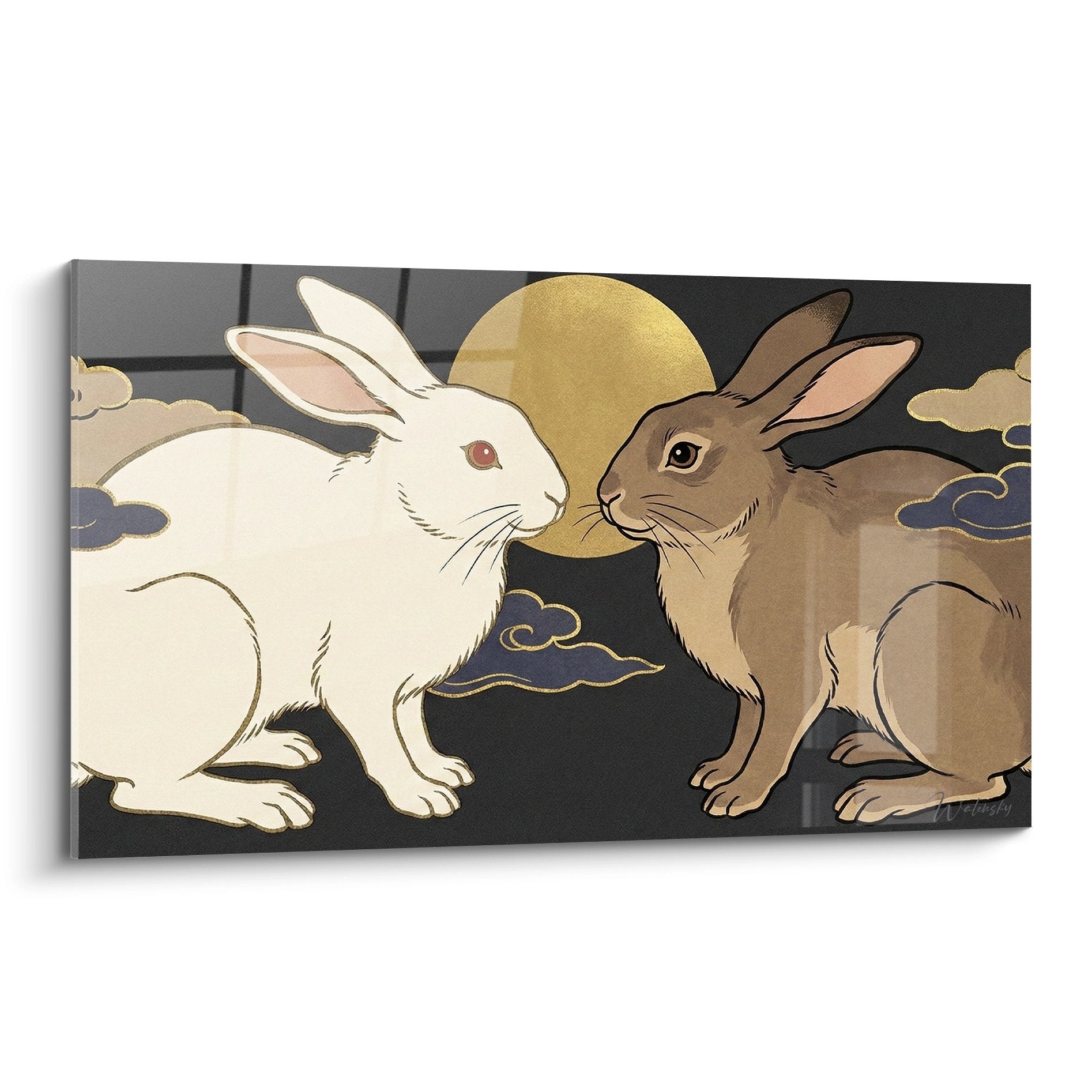 Bild zwei Kaninchen sich gegenüber schwarzer Hintergrund goldener Mond nächtliche Vertrautheit Kaninchen-Edition