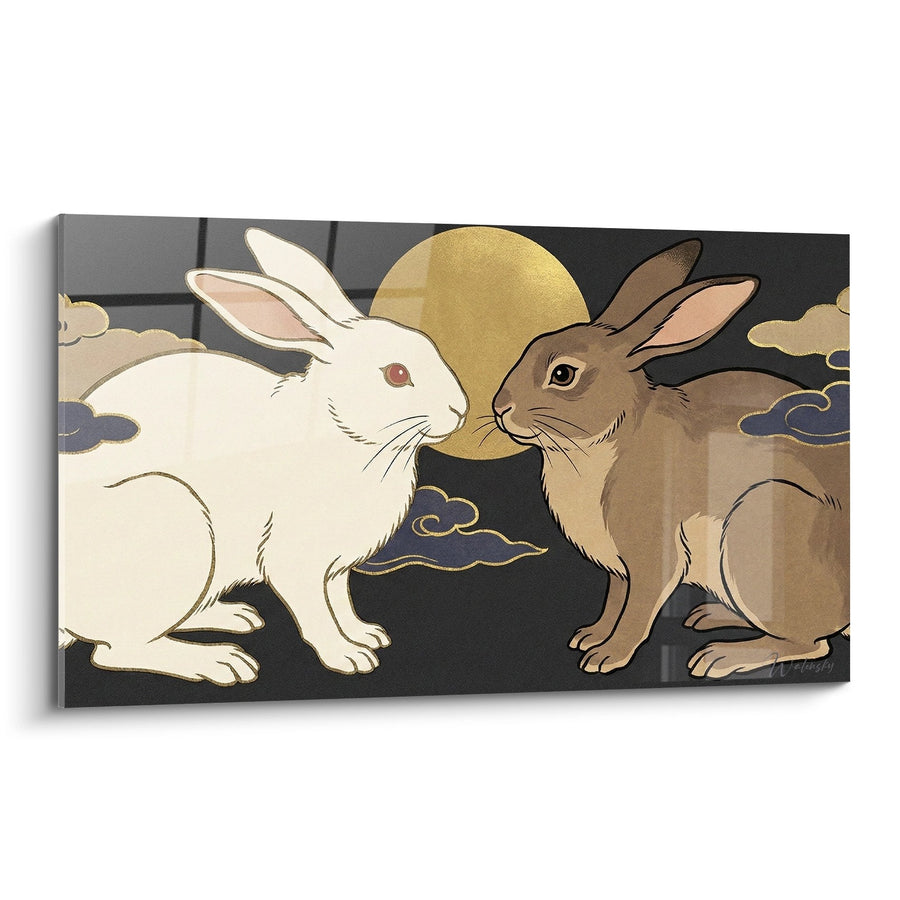 Tableau Deux Lapins Face à Face sur Fond Noir et Lune Dorée - Complicité Nocturne - Edition Lapin