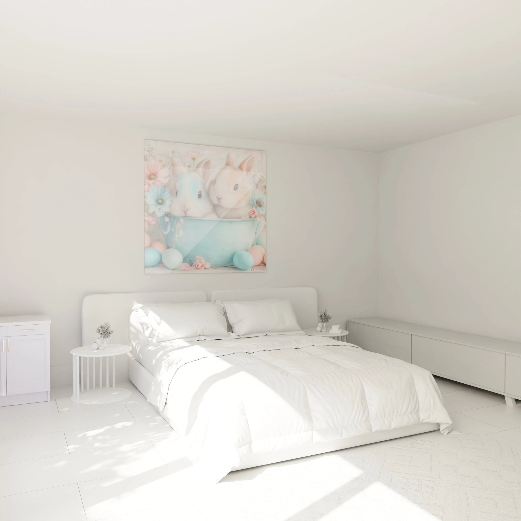 Tableau mural Walensky avec motif pastel de lapins et oeufs floraux pour chambre enfant tableau lapins décoration Pâques