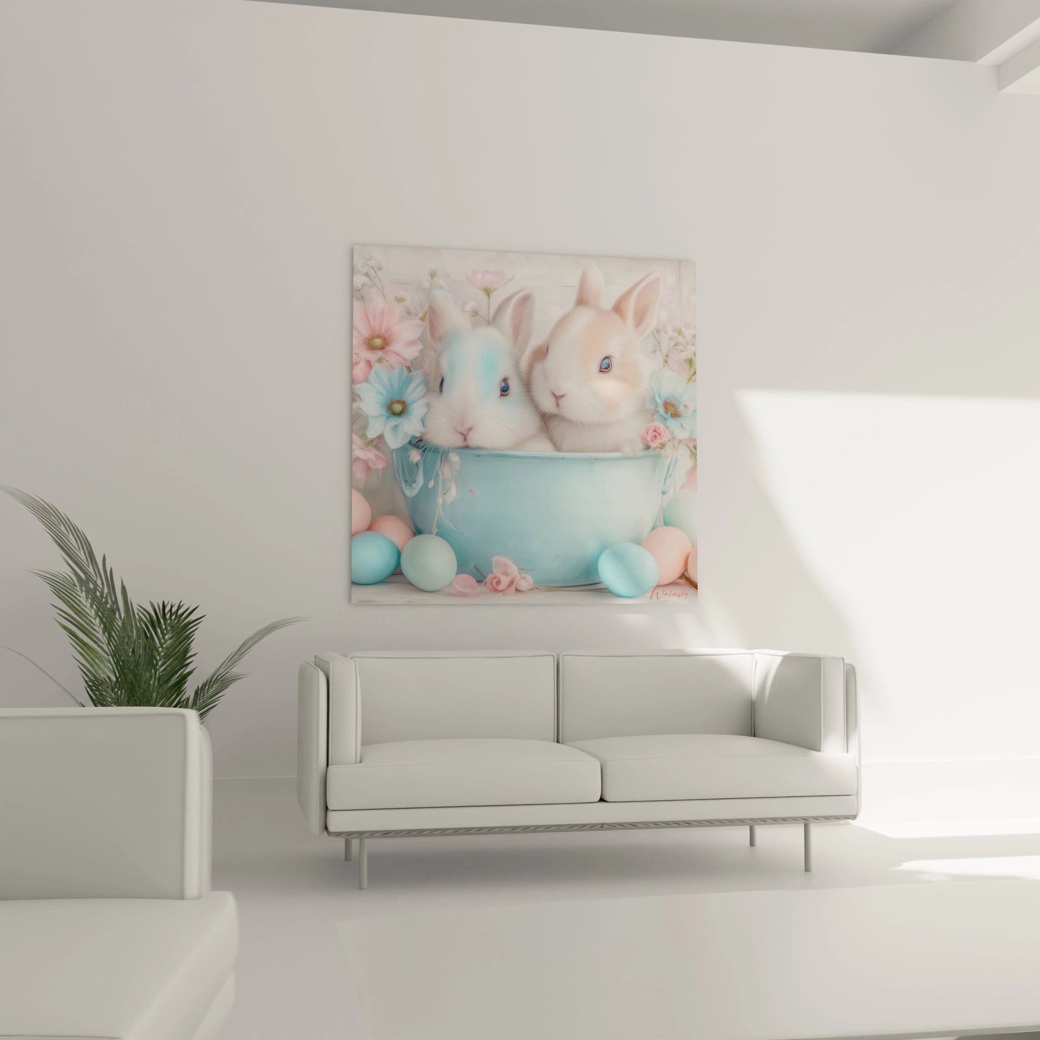 Tableau mural Walensky avec deux lapins pastel dans un bol entourés d oeufs et de fleurs tableau lapins décoration Pâques salon