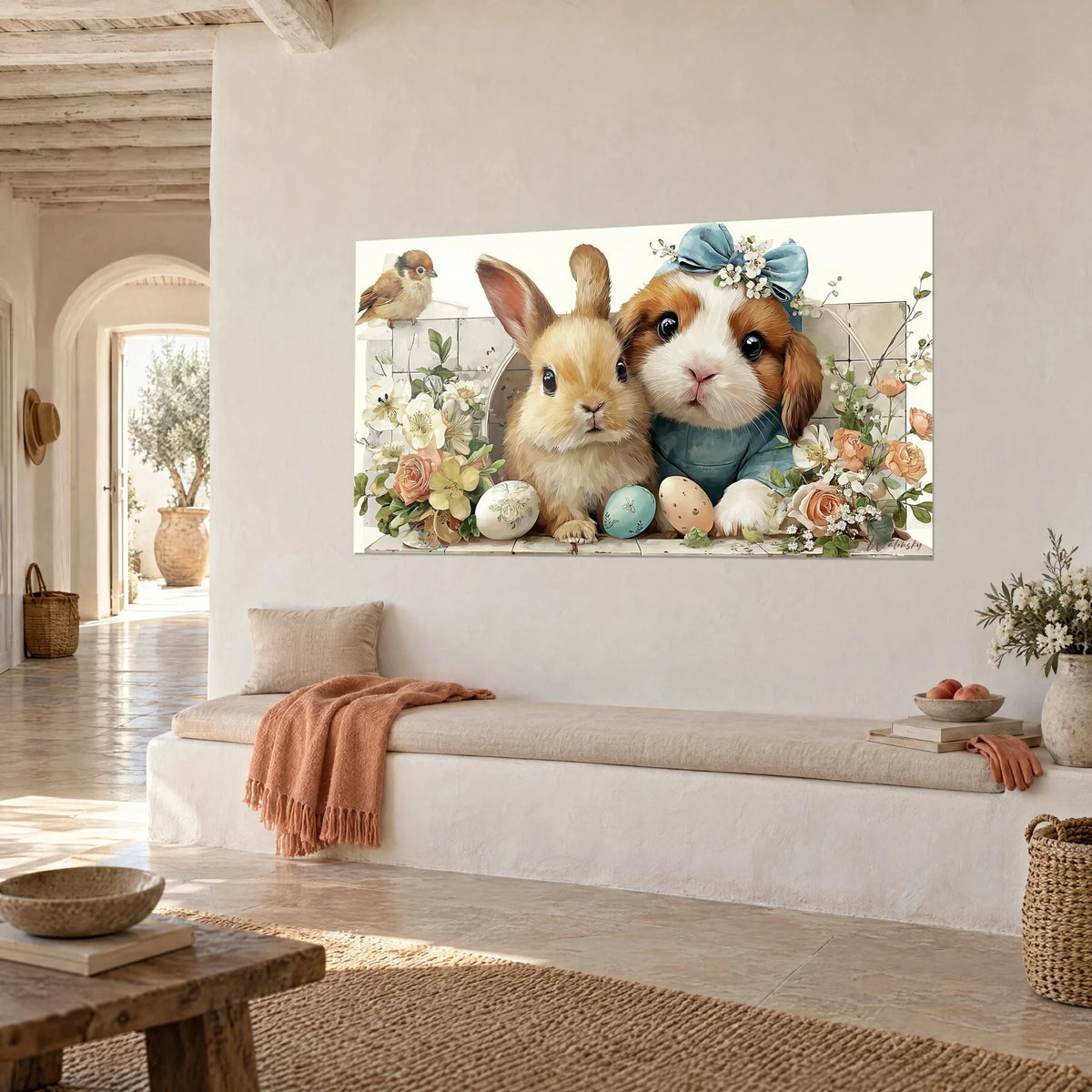 Cuadro de un dúo de pequeños animales mimosos, pelaje rojizo y crema, rosas salmón y huevos azul turquesa, pared blanca, casa mediterránea