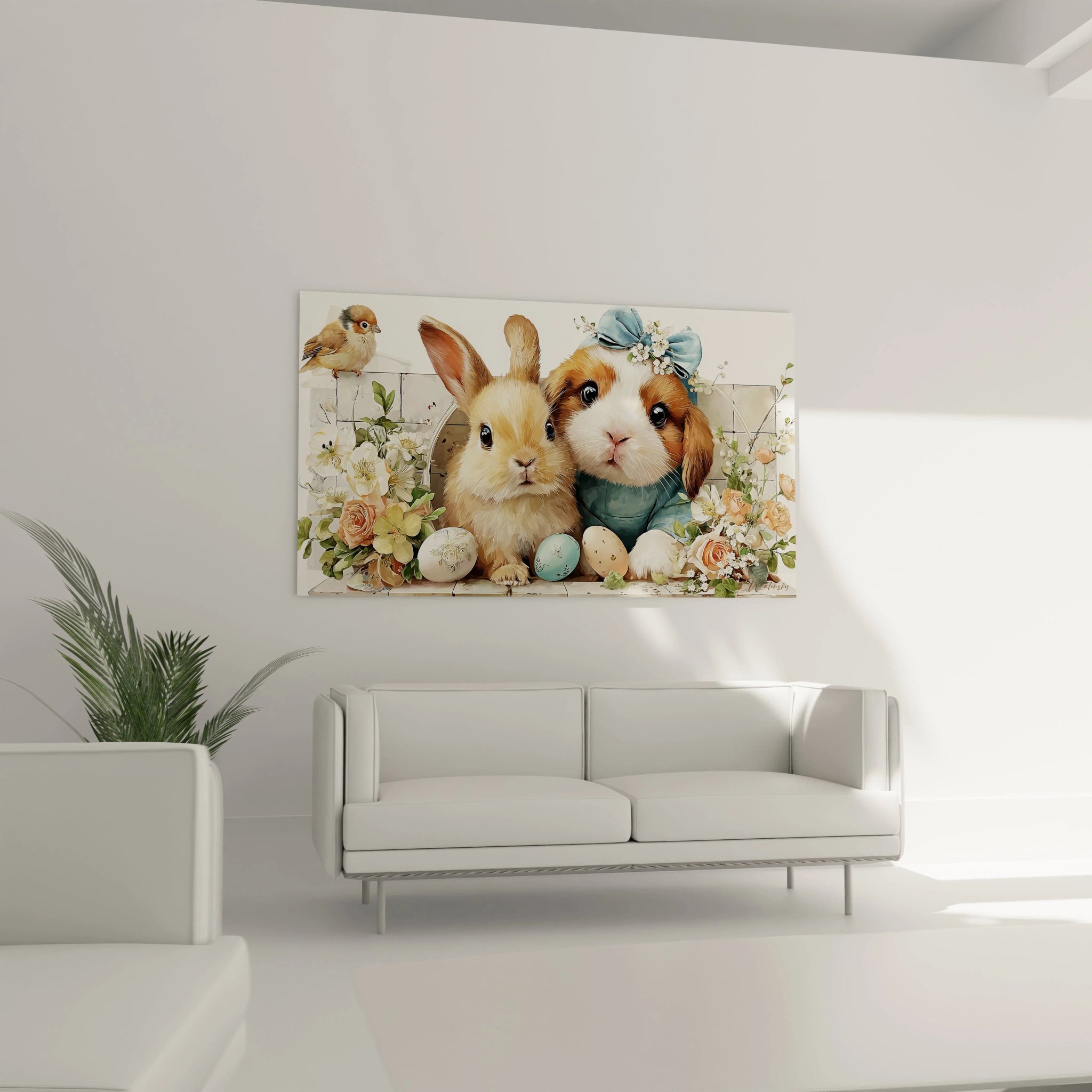 Tableau mural lapins de Pâques Walensky décor printanier avec deux lapins entourés de fleurs et oeufs