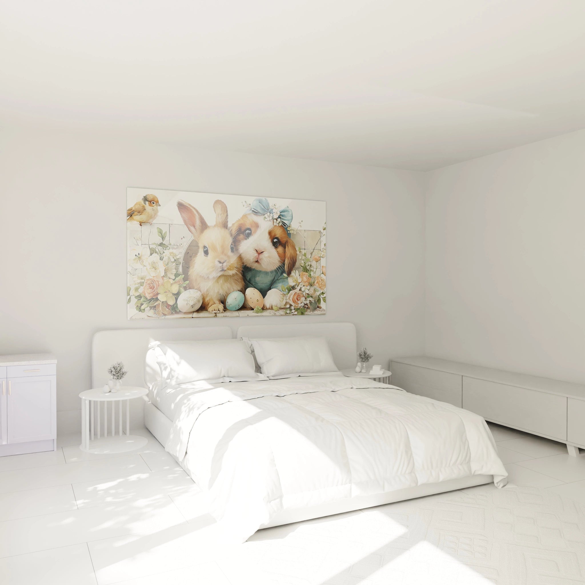 Walensky tableau mural lapins de Pâques au dessus d un lit blanc minimaliste montrant deux lapins oeufs et fleurs pastel