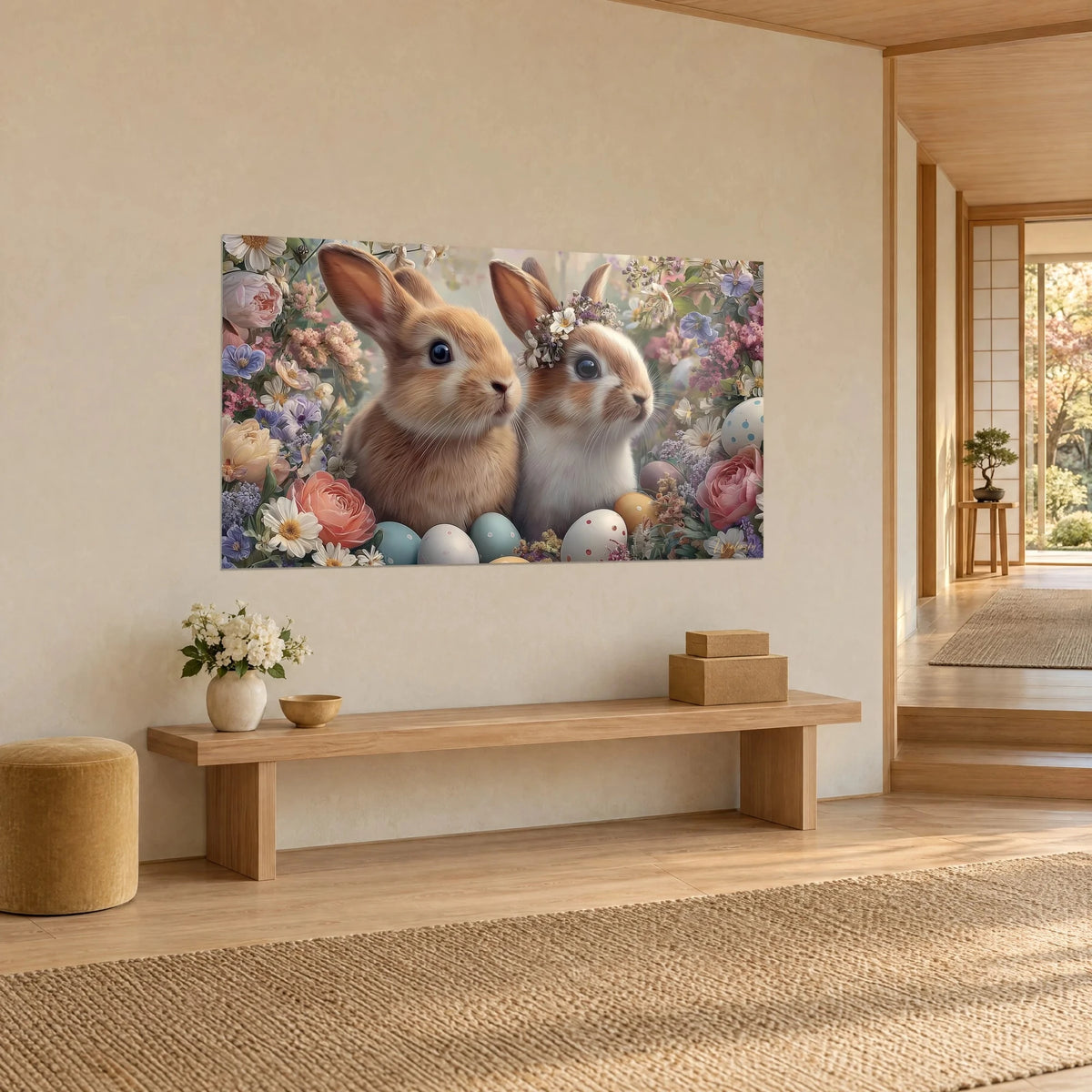 Gemälde Pärchen aus fuchsroten Hasenjungen zwischen lachsfarbenen Pfingstrosen und violetten Stiefmütterchen, himmelblau gesprenkelte Eier, dreiviertel Ansicht auf einer hellen Holzbank