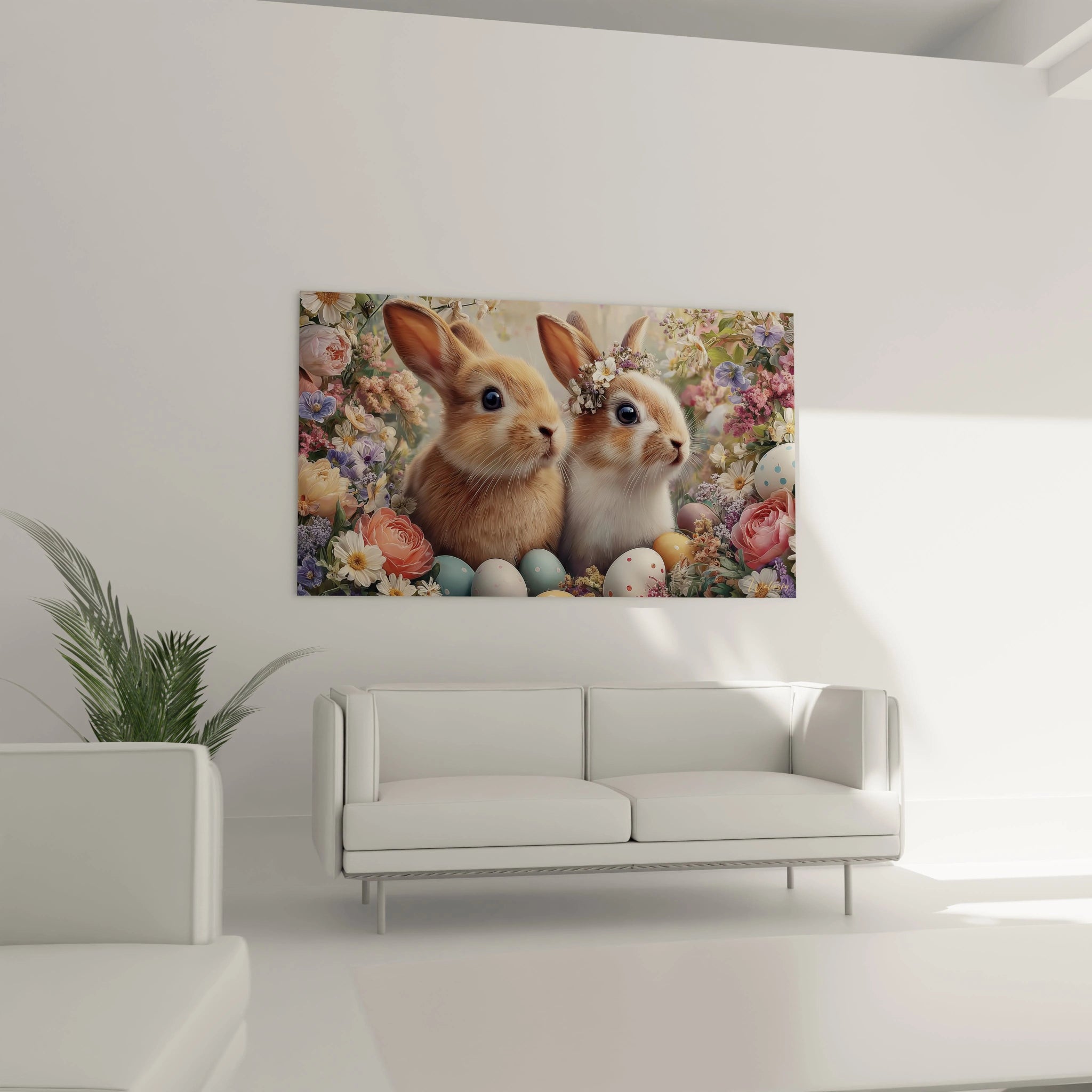 tableau lapins décoration Pâques Walensky deux lapins dans fleurs et oeufs colorés accroché au mur du salon