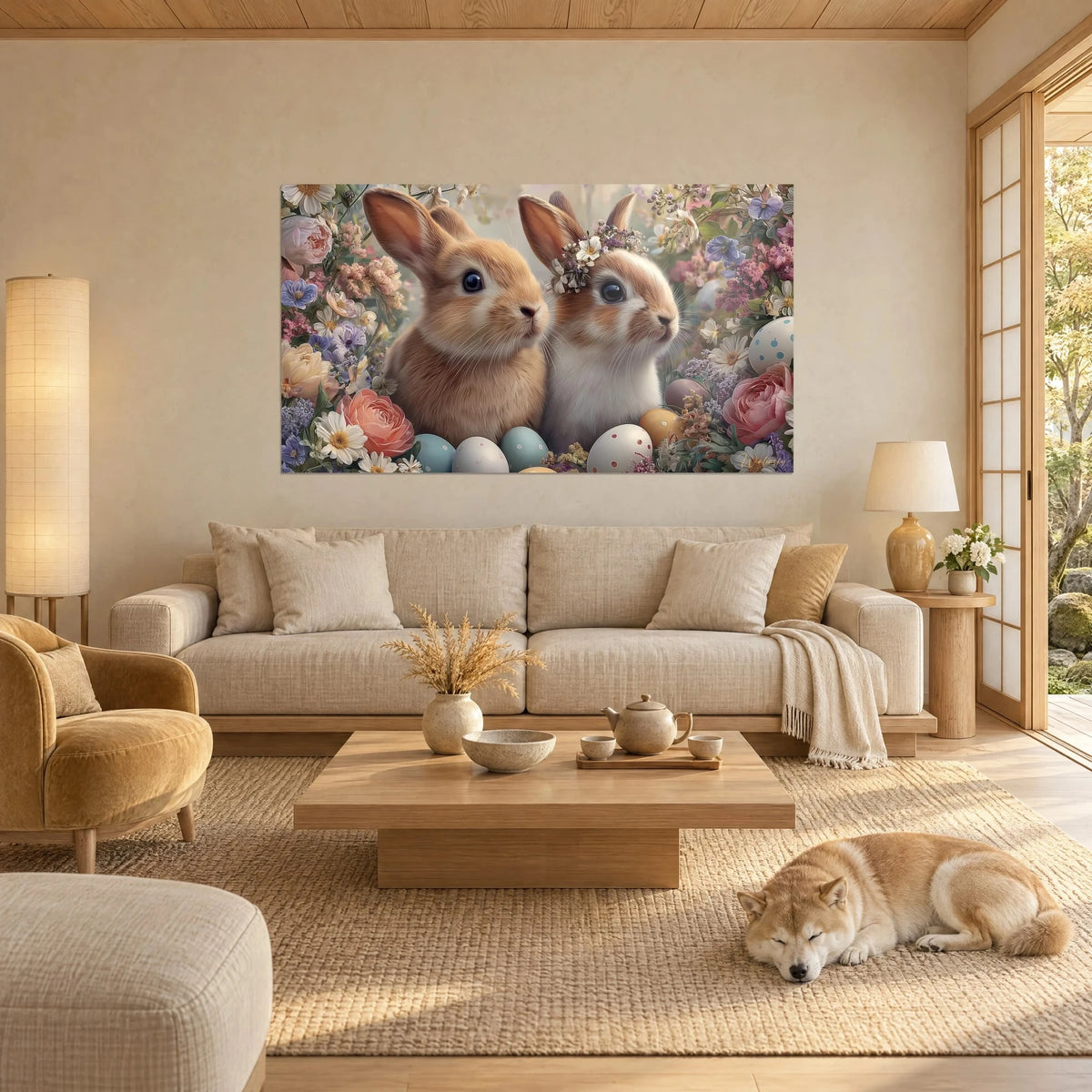 Gemälde Kaninchen mit Fuchsfell und seiner Gefährtin mit Blumenkranz, hellblau und rosa Eier, schlafender Shiba über einem Sofa in einem hellen Wohnzimmer